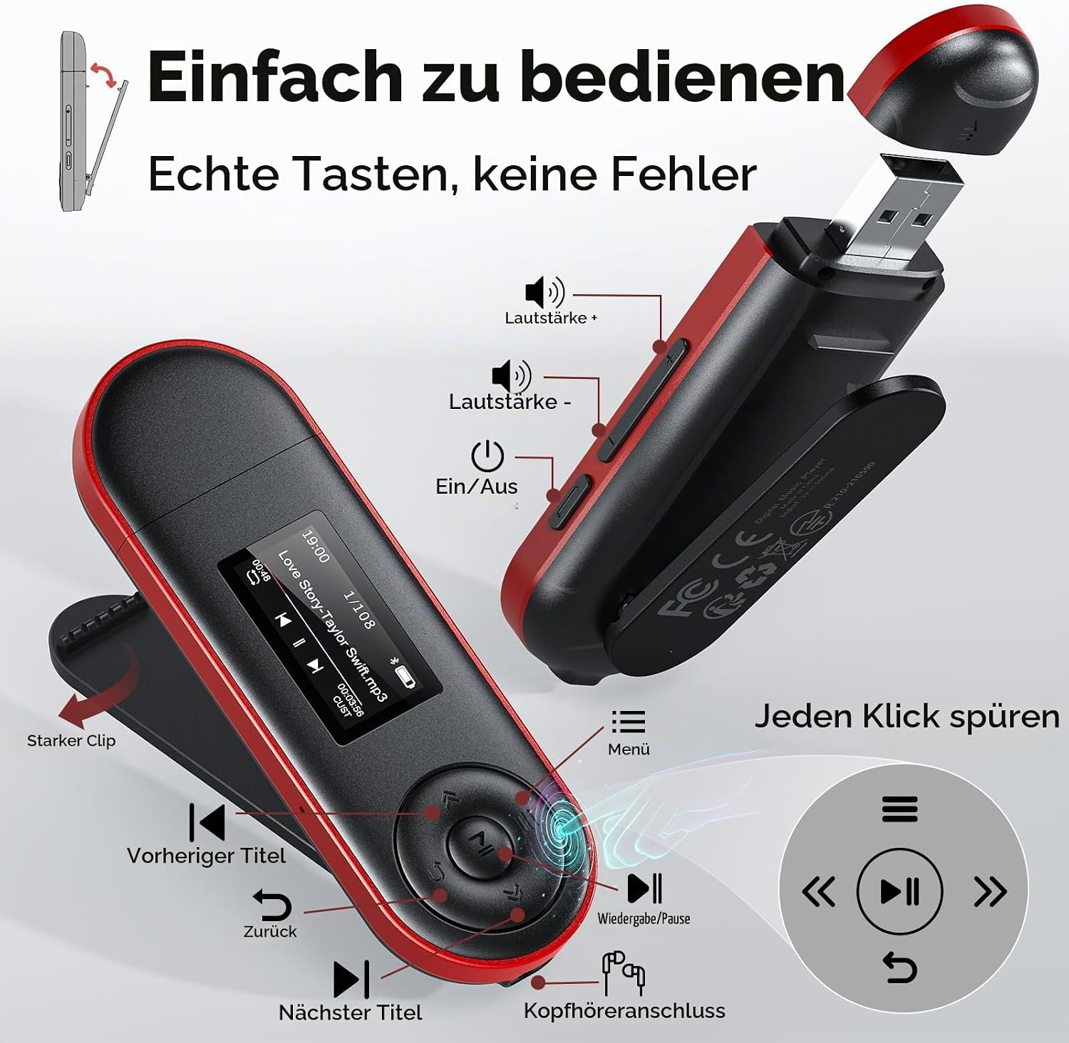 Rot-schwarzer MP3-Player mit Display, Tasten, Clip und USB-Anschluss sowie deutscher Beschriftung.