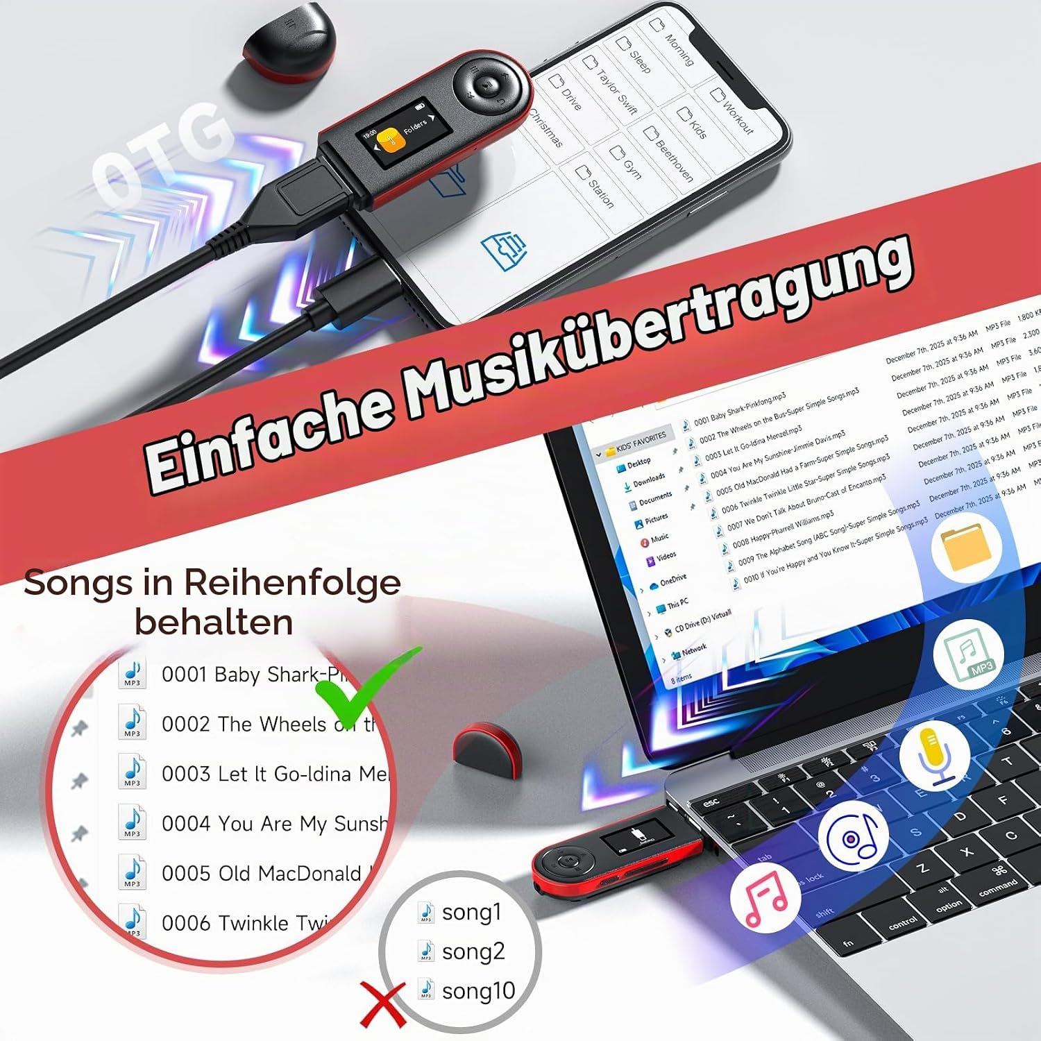 Ein roter MP3-Player verbindet sich mit Handy und Laptop zur Dateiübertragung und zeigt Musikordner.