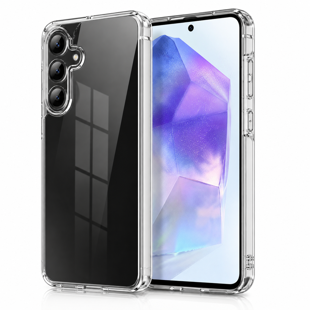 Ein Smartphone in einer transparenten Schutzhülle, Ansicht von vorne und hinten.