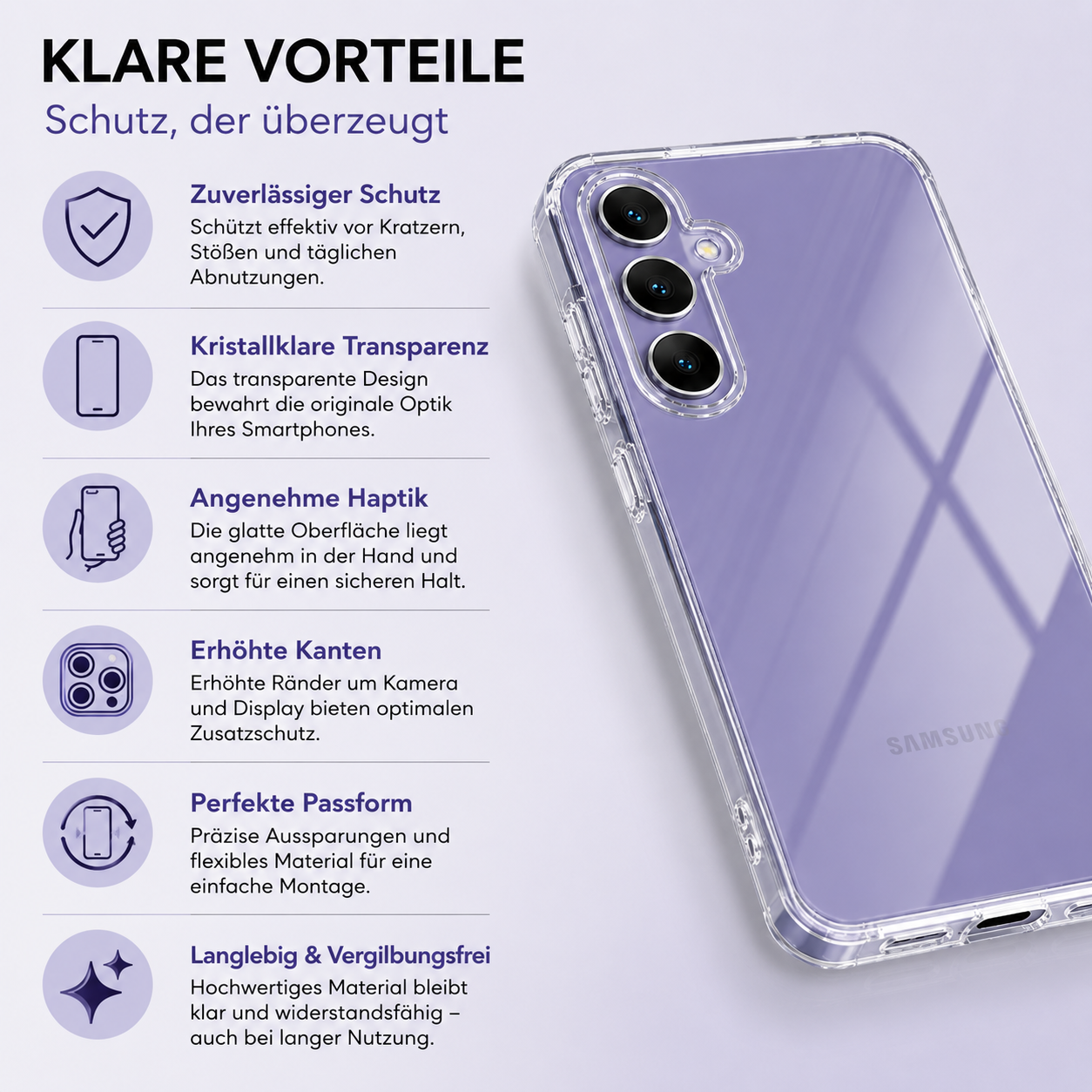 Lila Smartphone in transparenter Hülle mit fünf Produktvorteilen auf weißem Hintergrund.