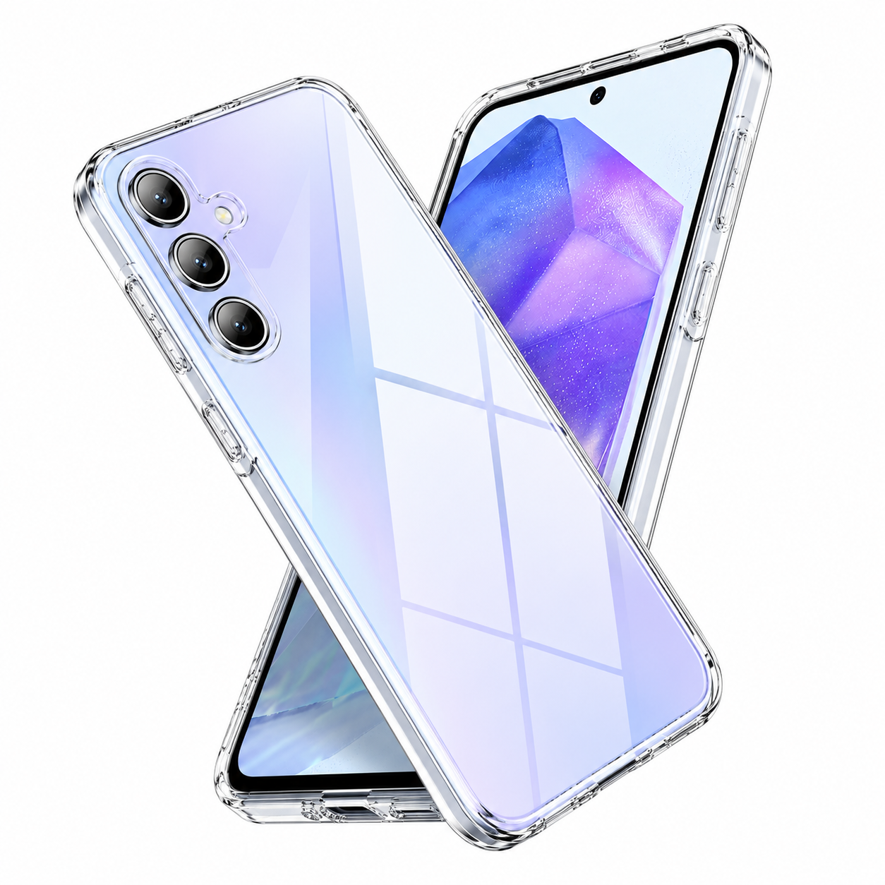 Zwei Smartphones mit klarer Schutzhülle vor weißem Hintergrund, eines zeigt das Kameradesign.