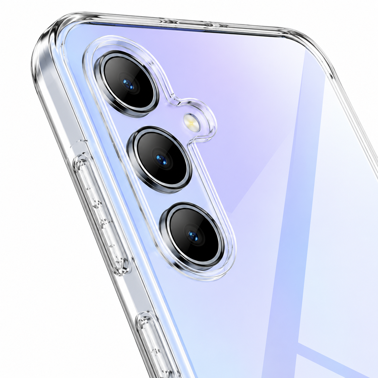 Nahaufnahme der Rückseite eines Smartphones mit transparentem Gehäuse und drei vertikalen Kameralinsen.