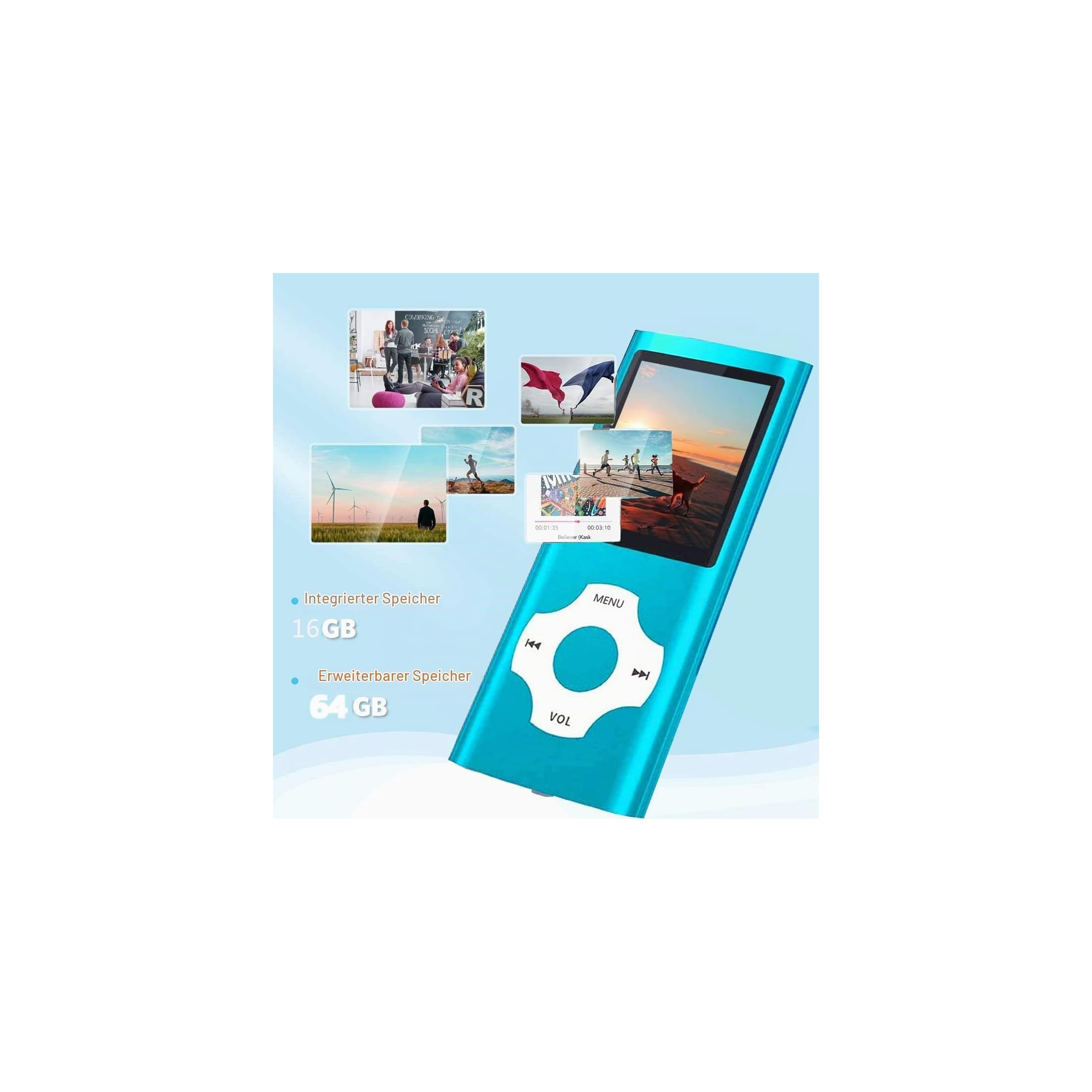 Ein blauer MP3-Player mit Display, umgeben von schwebenden Bildern und Speicherdetails vor blauem Hintergrund.