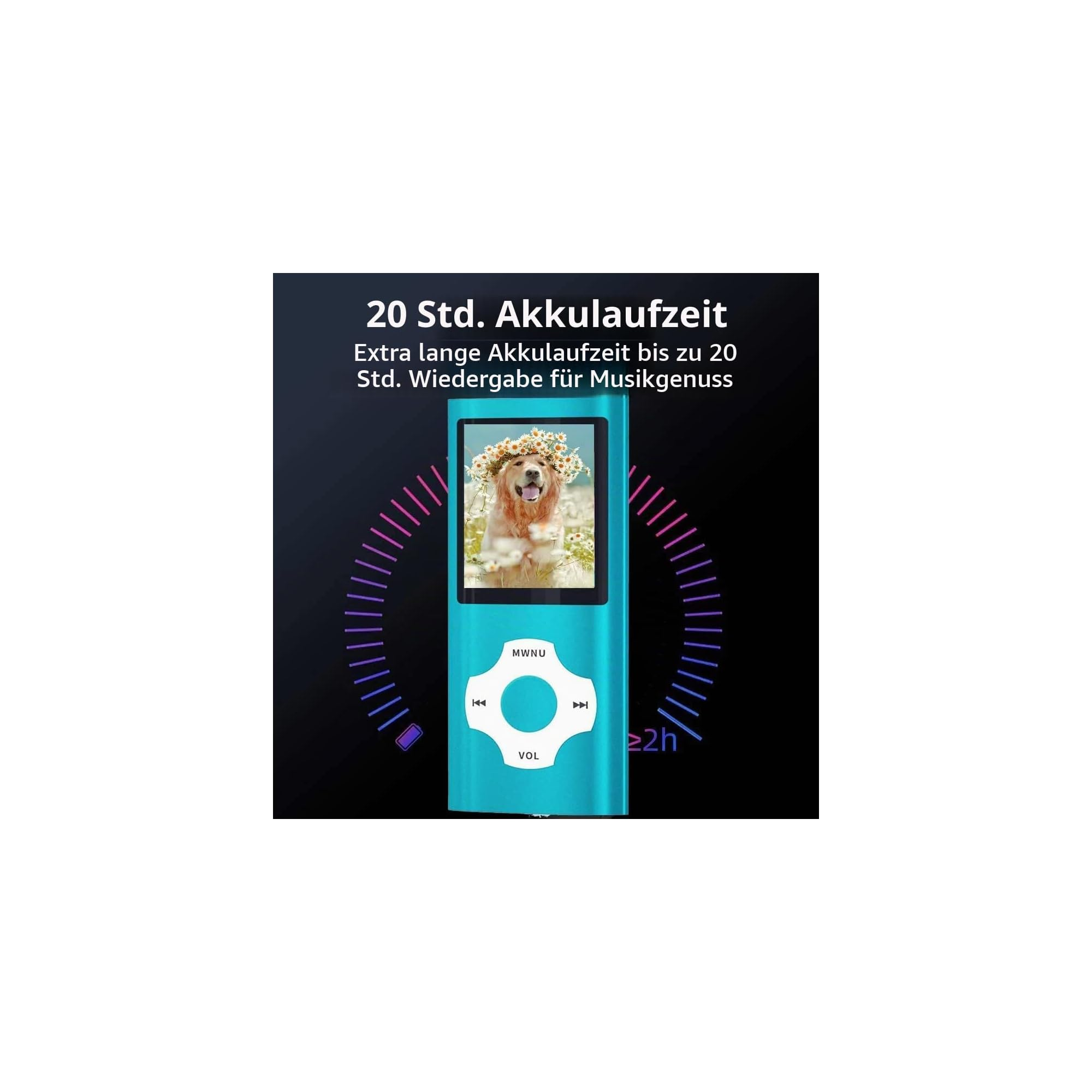 Türkisblauer MP3-Player mit Hundebild und 20 Stunden Akkulaufzeit.