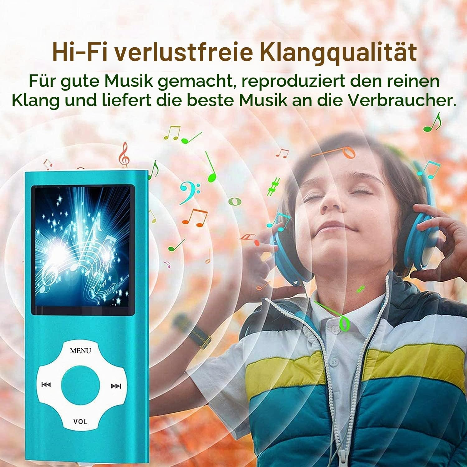 Ein Kind genießt Musik mit blauen Kopfhörern, neben einem türkisblauen MP3-Player mit bunten Noten.