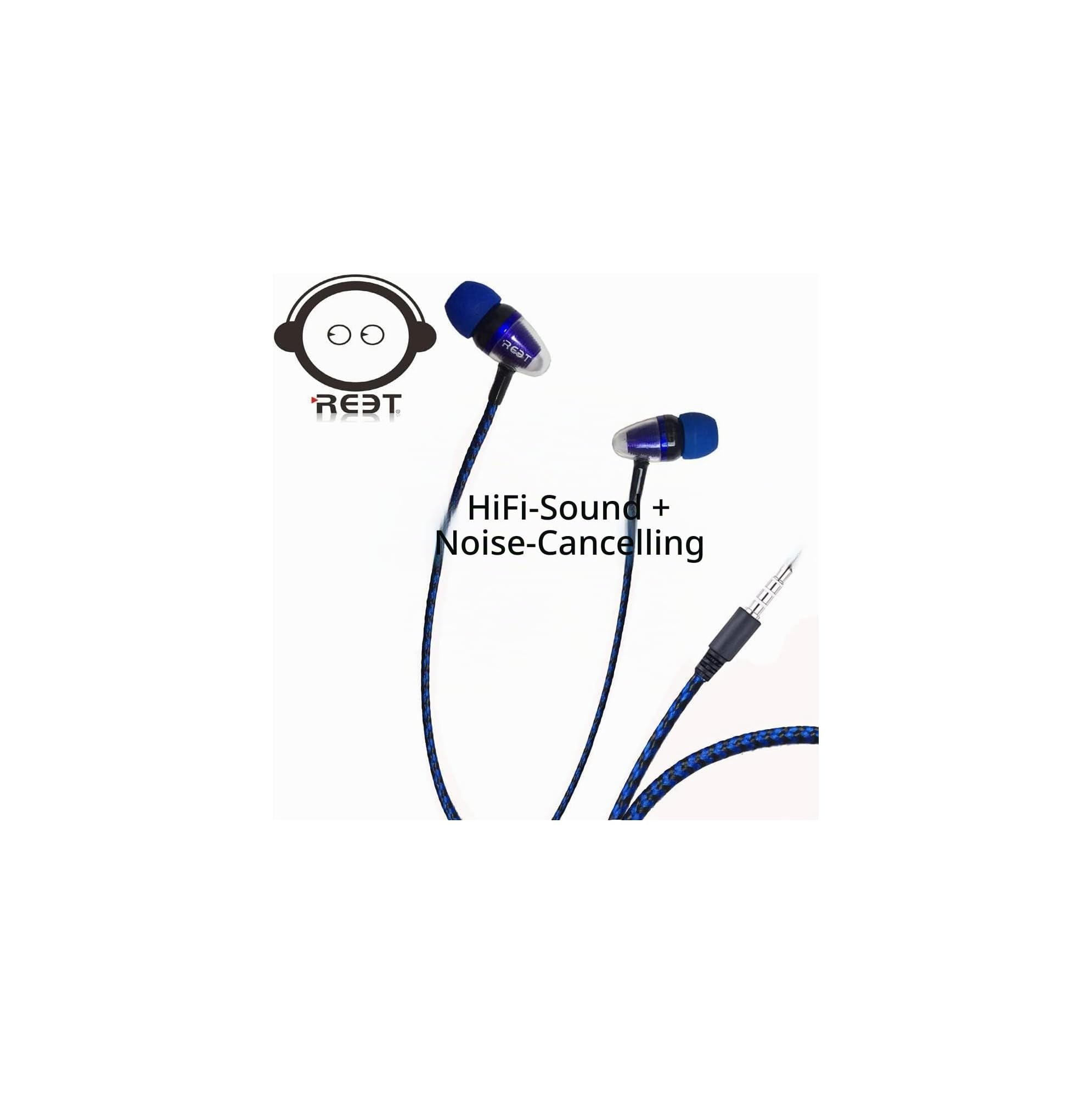 Blaue In-Ear-Kopfhörer mit geflochtenem Kabel und dem Text HiFi-Sound + Noise-Cancelling.