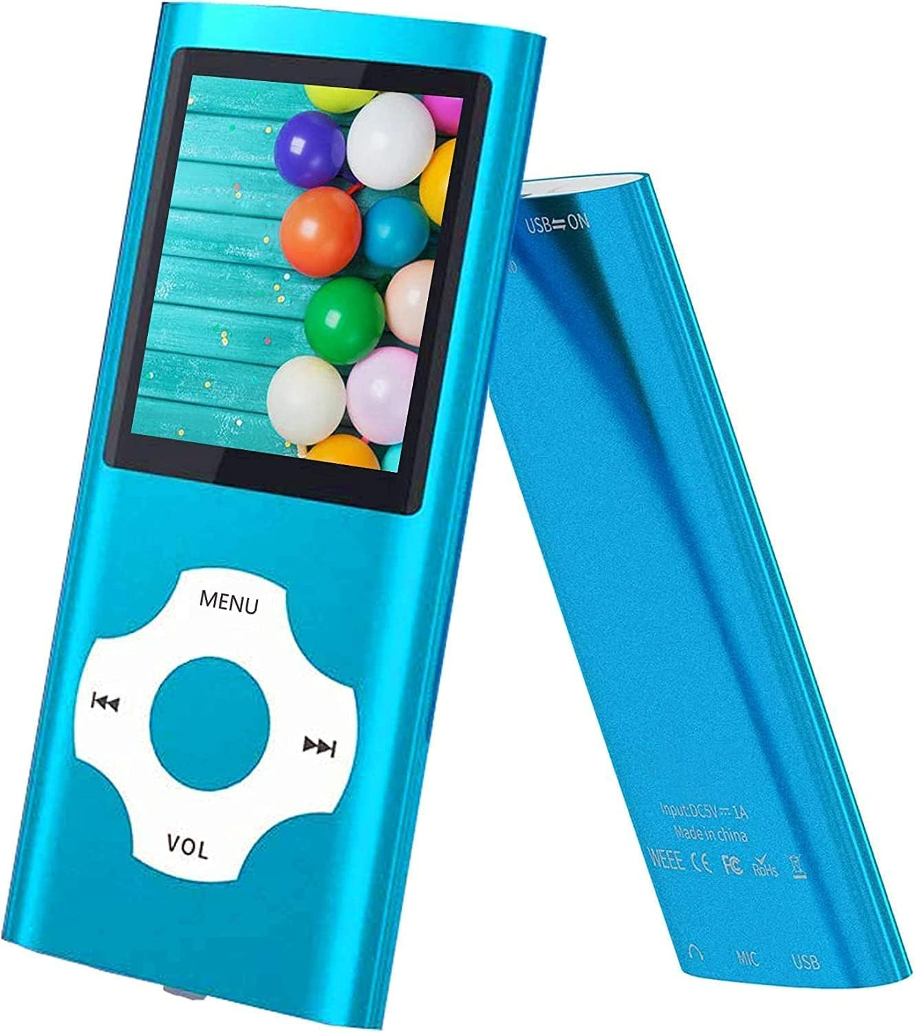 Zwei blaue MP3-Player mit bunten Luftballons auf dem Bildschirm und einer weißen Steuertaste.