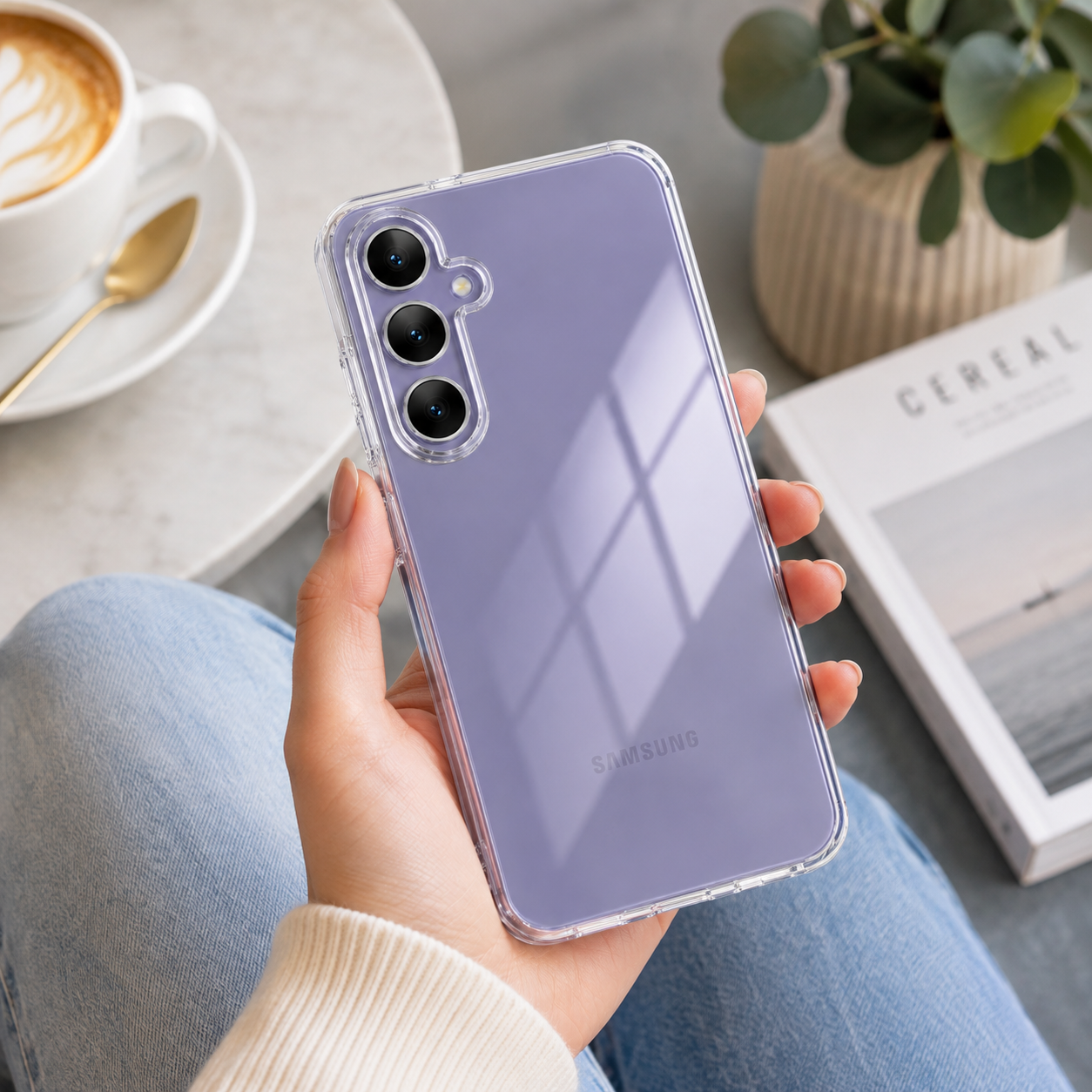 Hand hält ein lavendelfarbenes Samsung-Smartphone in transparenter Hülle mit drei Kameras.