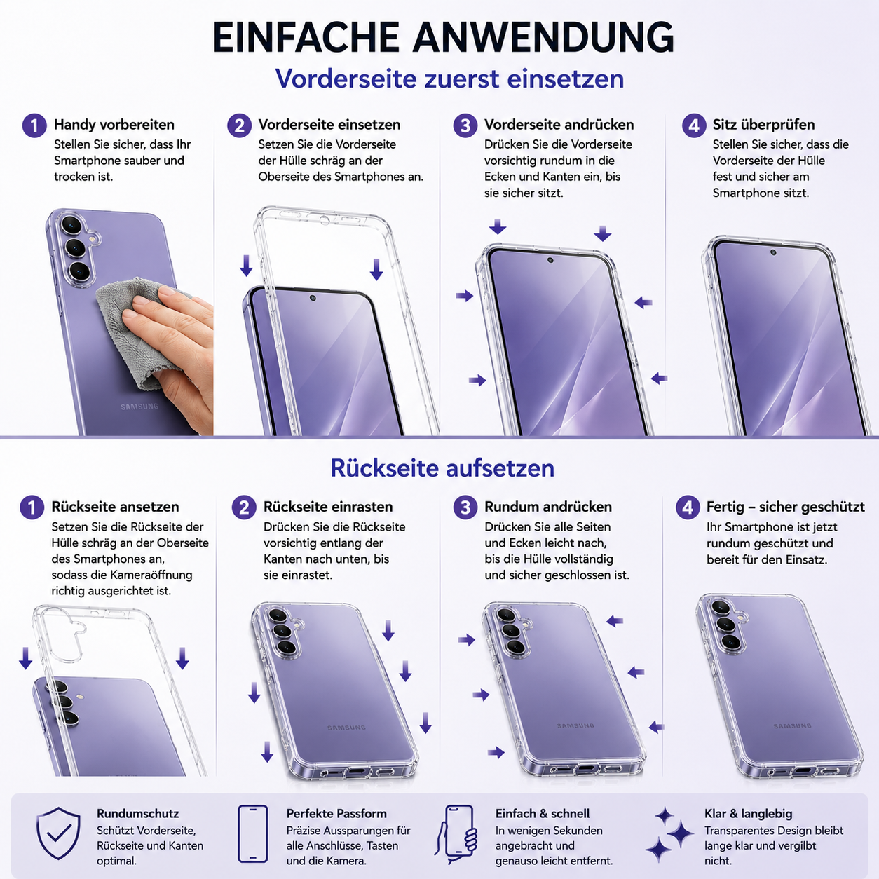 Anleitung in acht Schritten zur Installation einer zweiteiligen Schutzhülle auf ein violettes Smartphone.