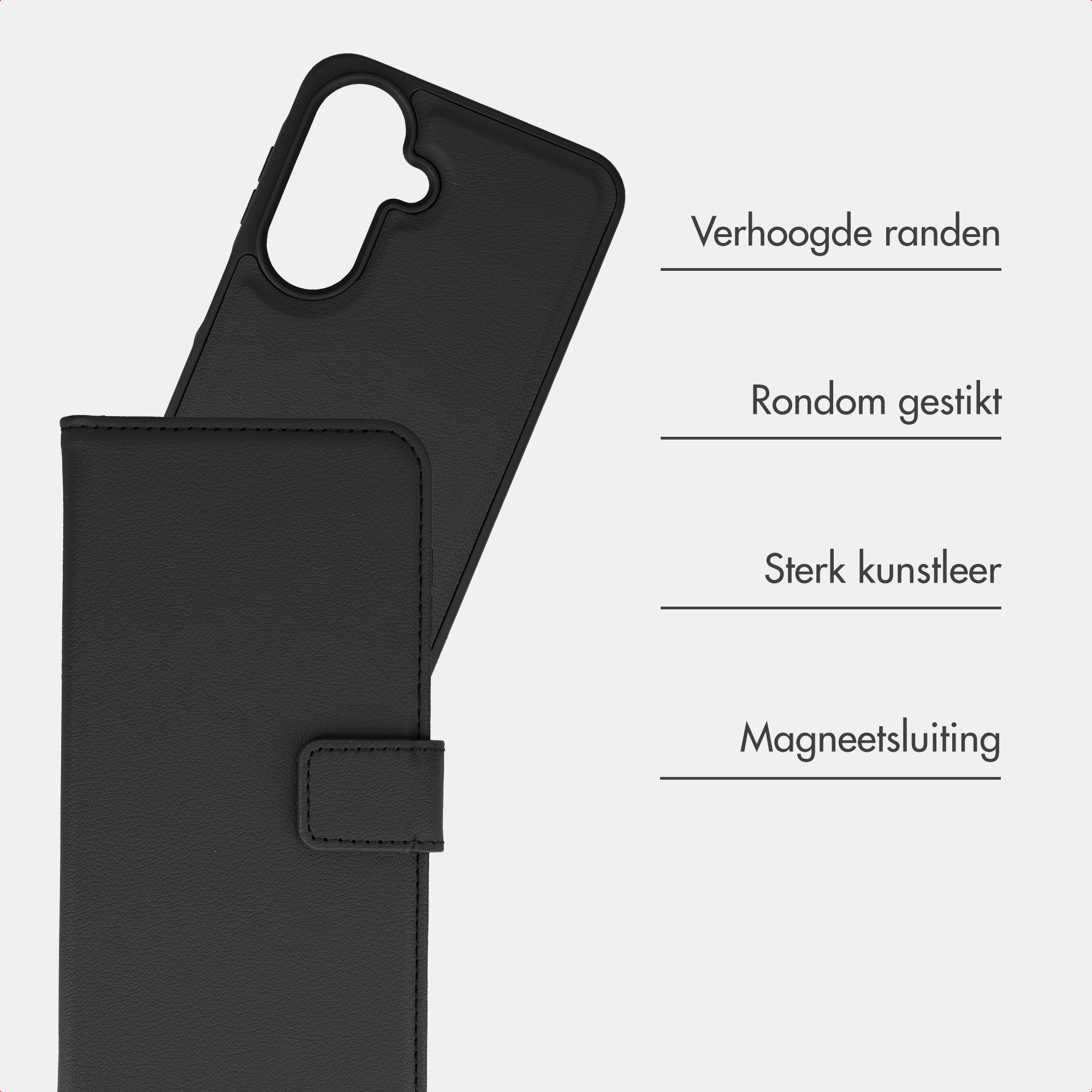 Schwarze Schutzhülle mit Text und Grafikelementen auf grauem Hintergrund.