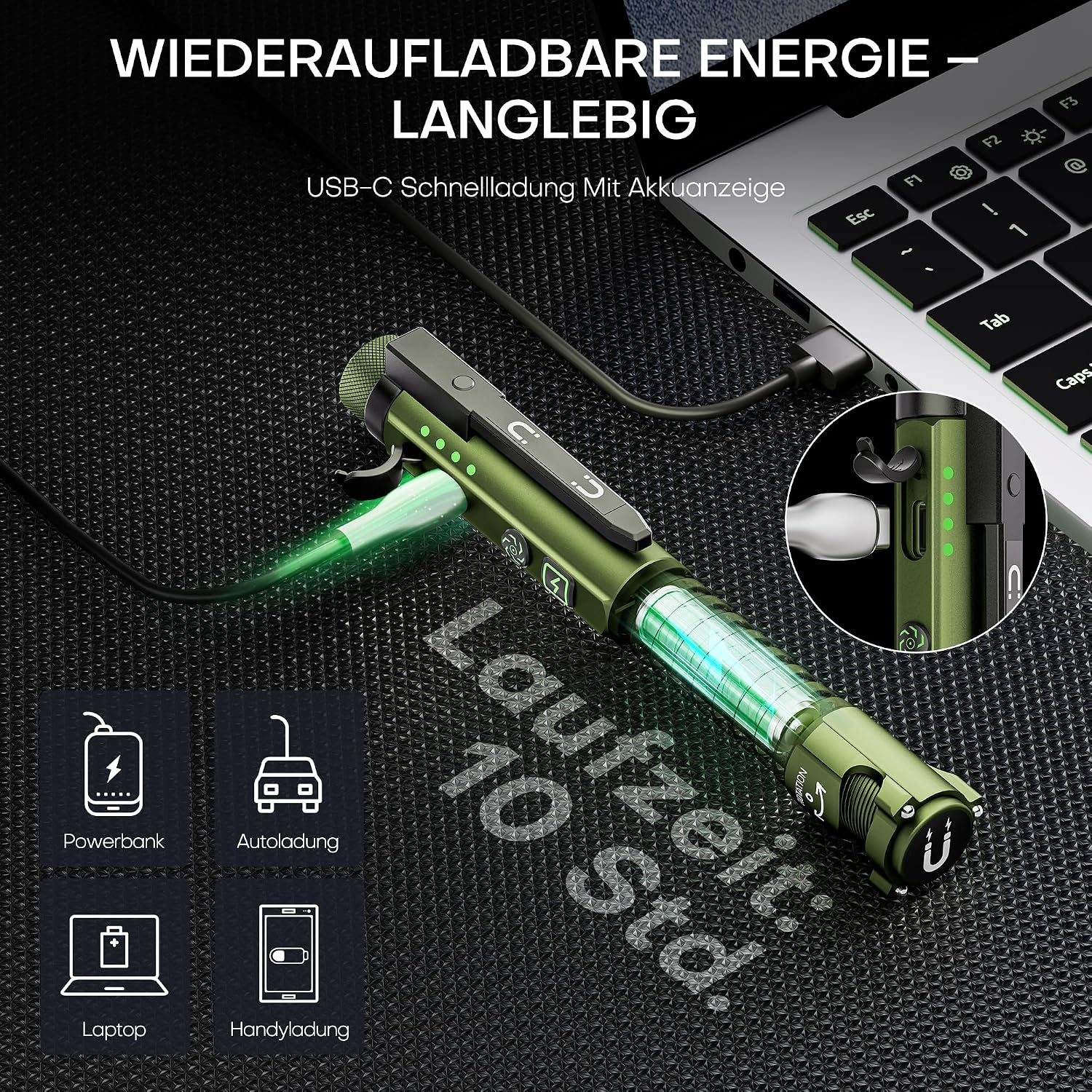 Grüne wiederaufladbare Stabtaschenlampe wird per USB-C geladen, daneben Symbole für Powerbank, Auto, Laptop und Handy.