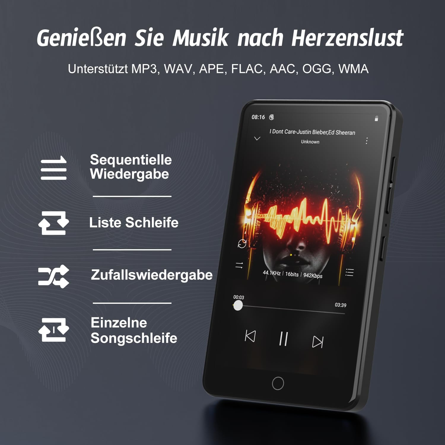 Ein schwarzer MP3-Player zeigt ein Musikalbum-Cover und Wiedergabeoptionen auf grauem Hintergrund.