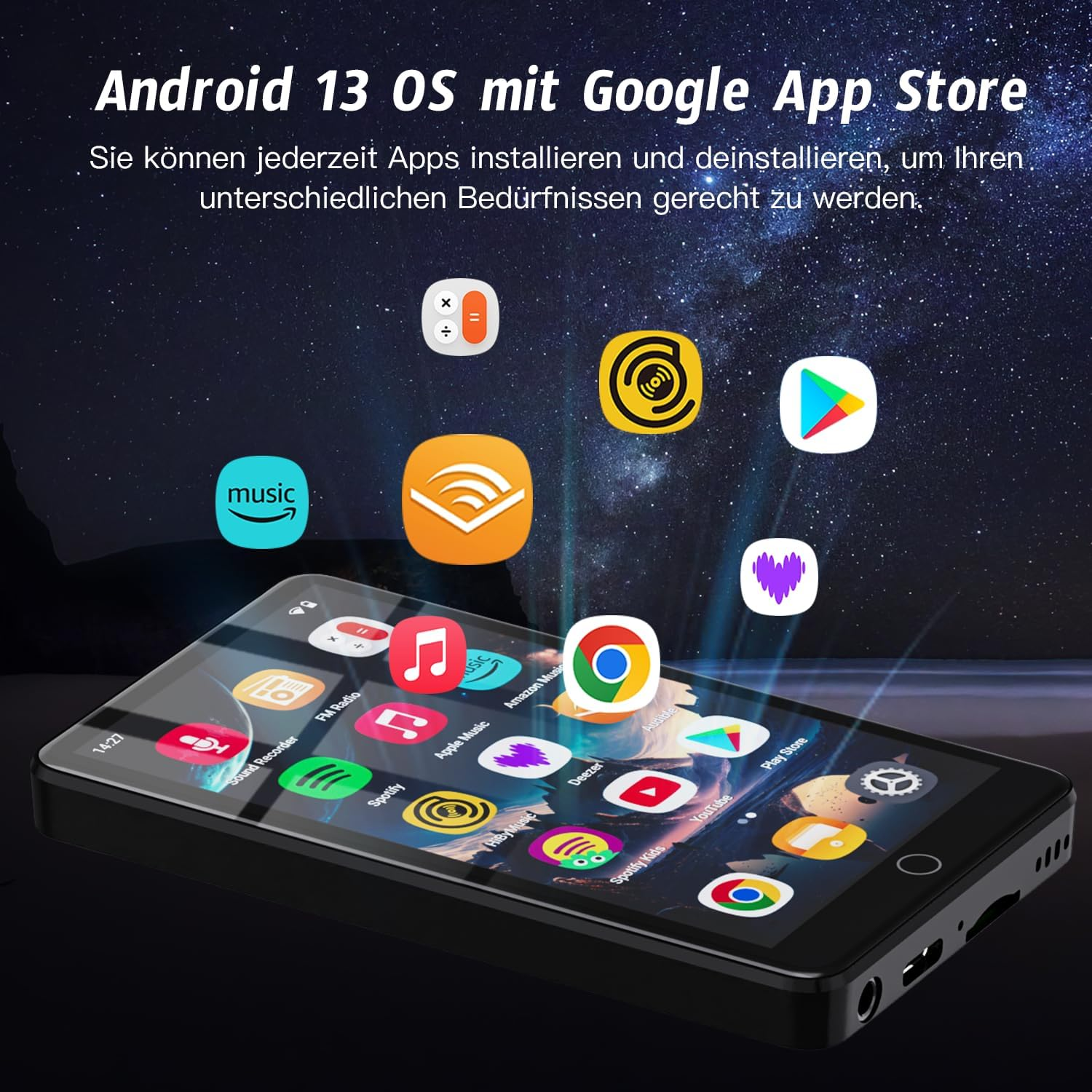 Ein tragbares Gerät mit Android 13 zeigt App-Symbole, die vor einem sternenklaren Nachthimmel nach oben schweben.