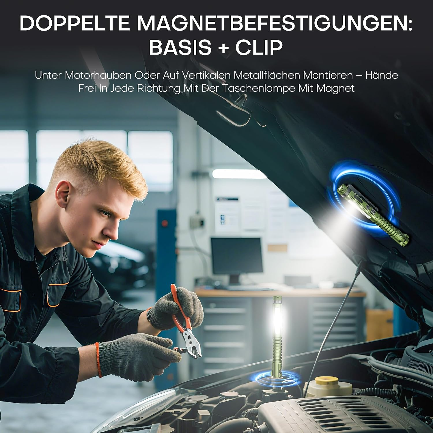 Ein Mechaniker repariert ein Auto, während zwei magnetische Taschenlampen den Motorraum beleuchten.