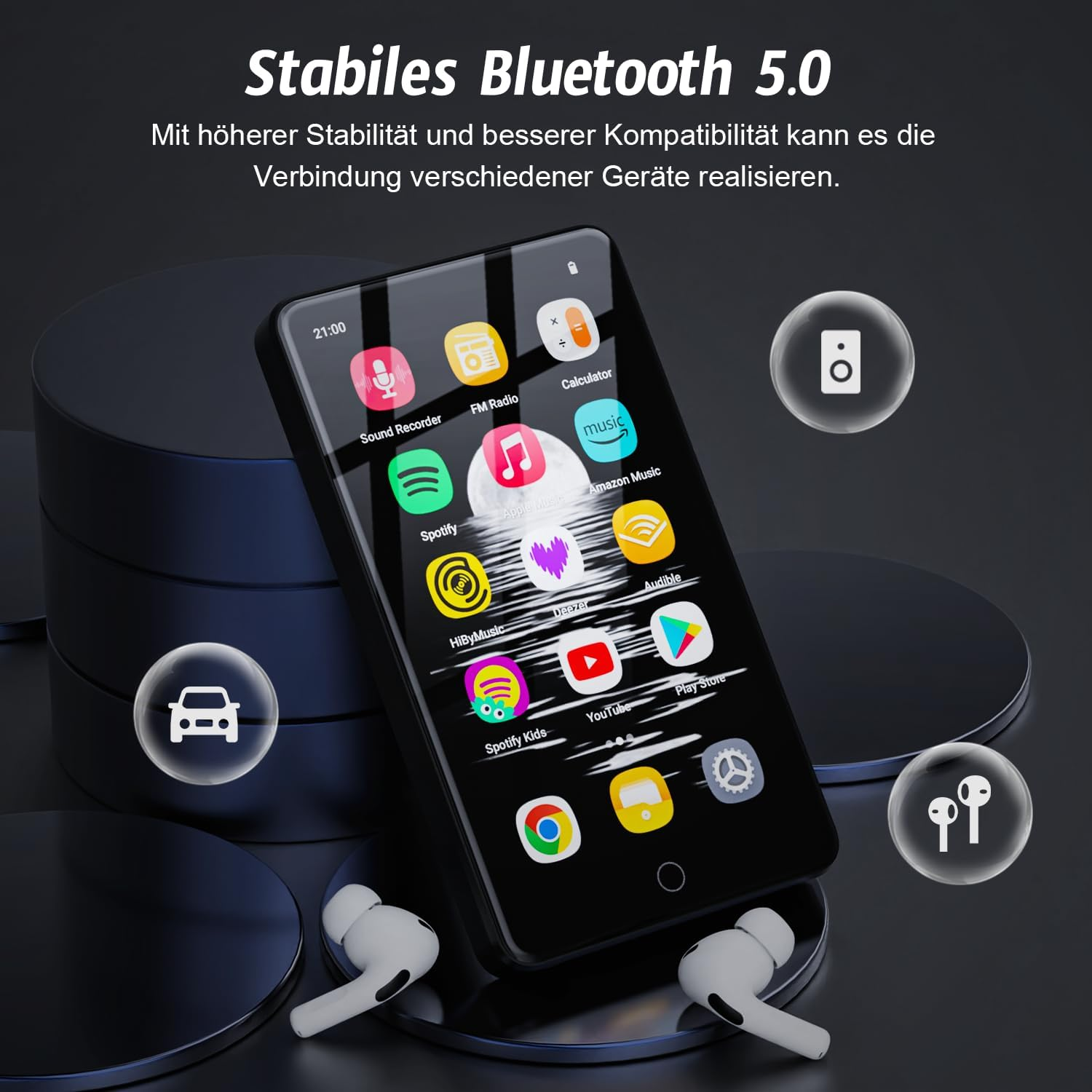 Ein MP3-Player mit App-Symbolen steht auf einem blauen Sockel, umgeben von Kopfhörern und Symbolen in Blasen.