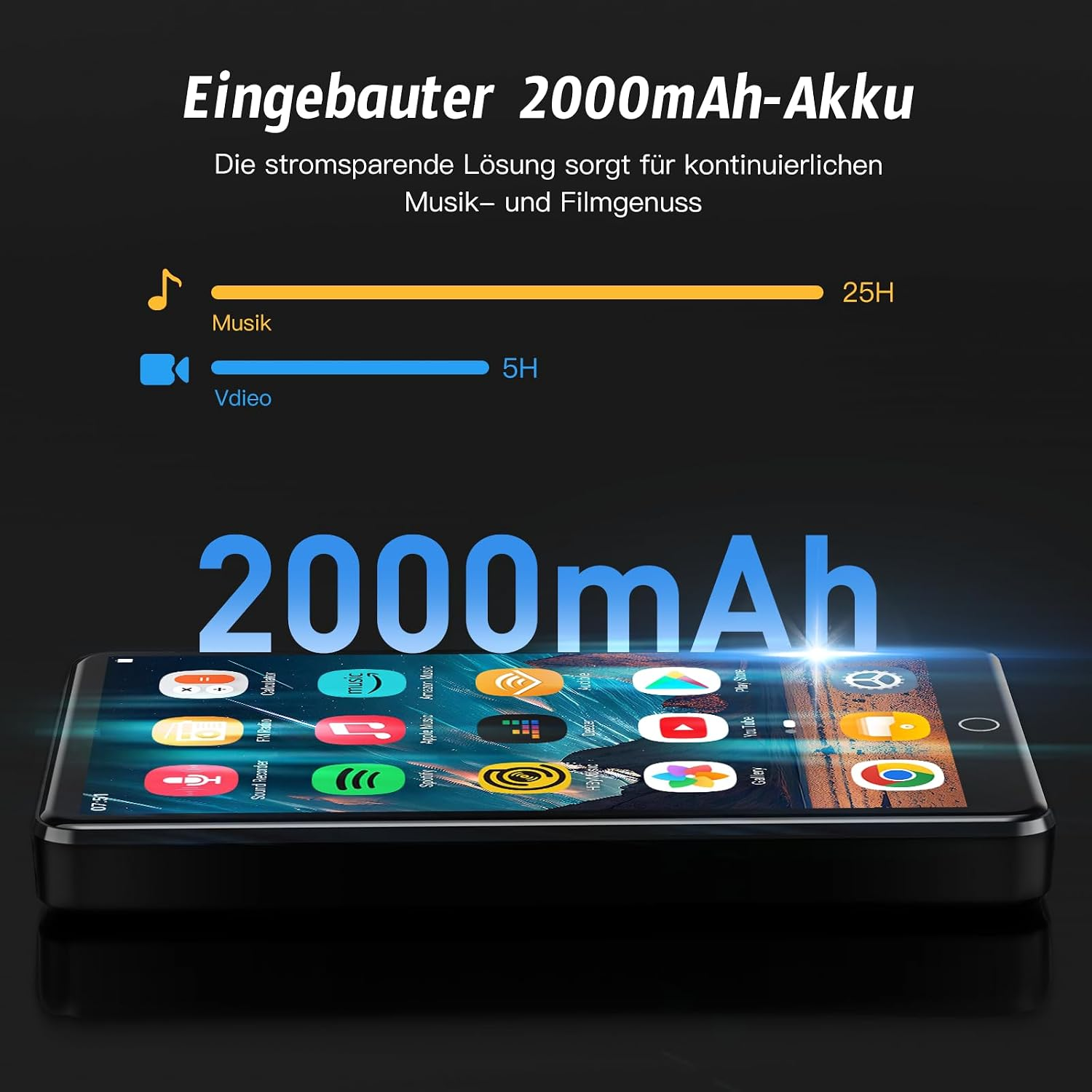 Ein Smartphone zeigt die Akkulaufzeit von 25 Stunden für Musik und 5 Stunden für Video an.