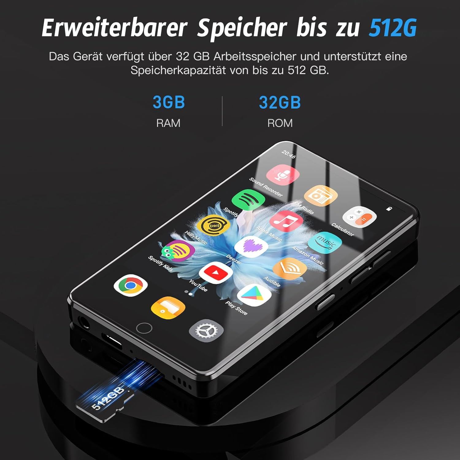 MP3-Player mit Touchscreen, vielen Apps und einer 512GB Speicherkarte.