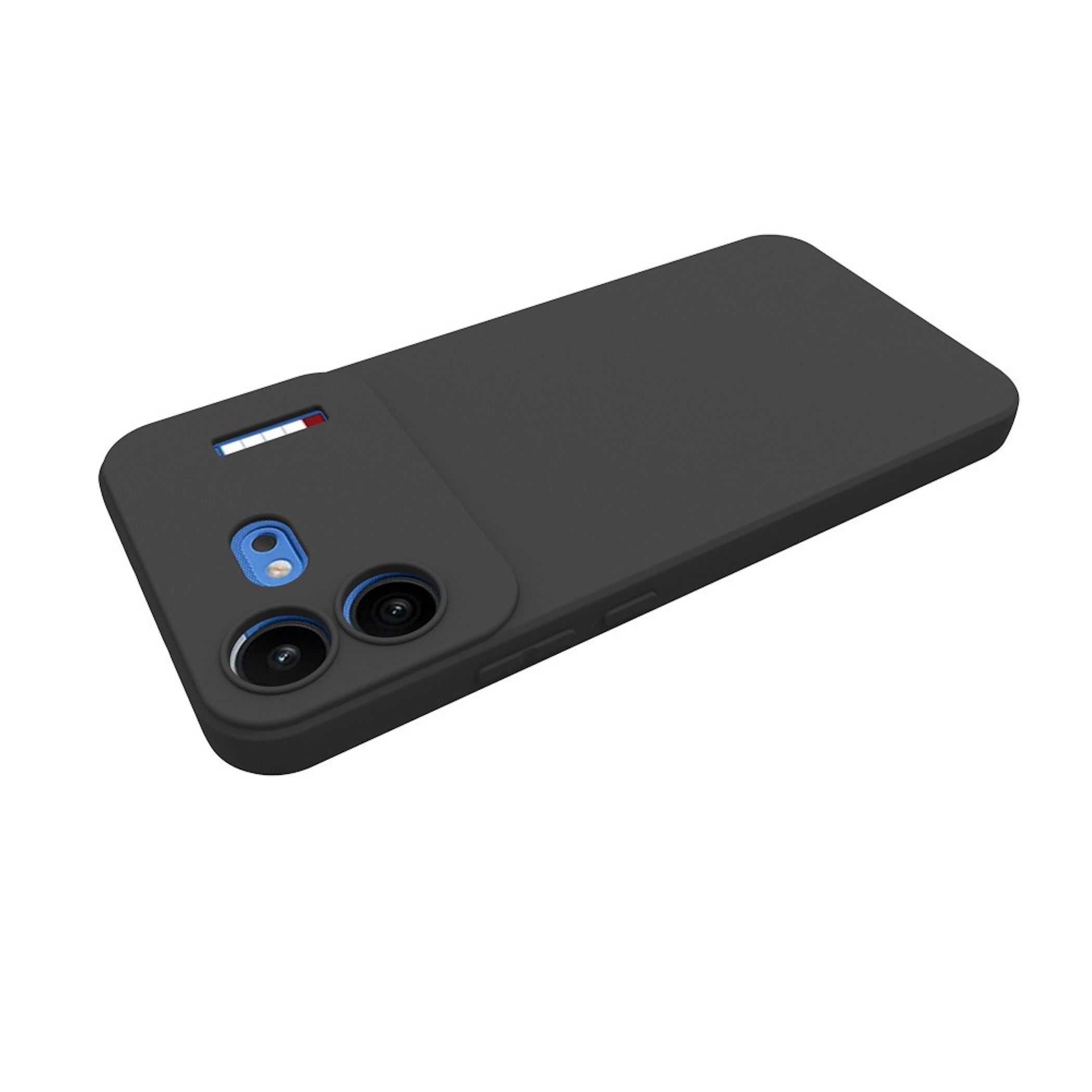 Ein schwarzes Smartphone mit blauen Kameraakzenten liegt flach auf weißem Hintergrund.