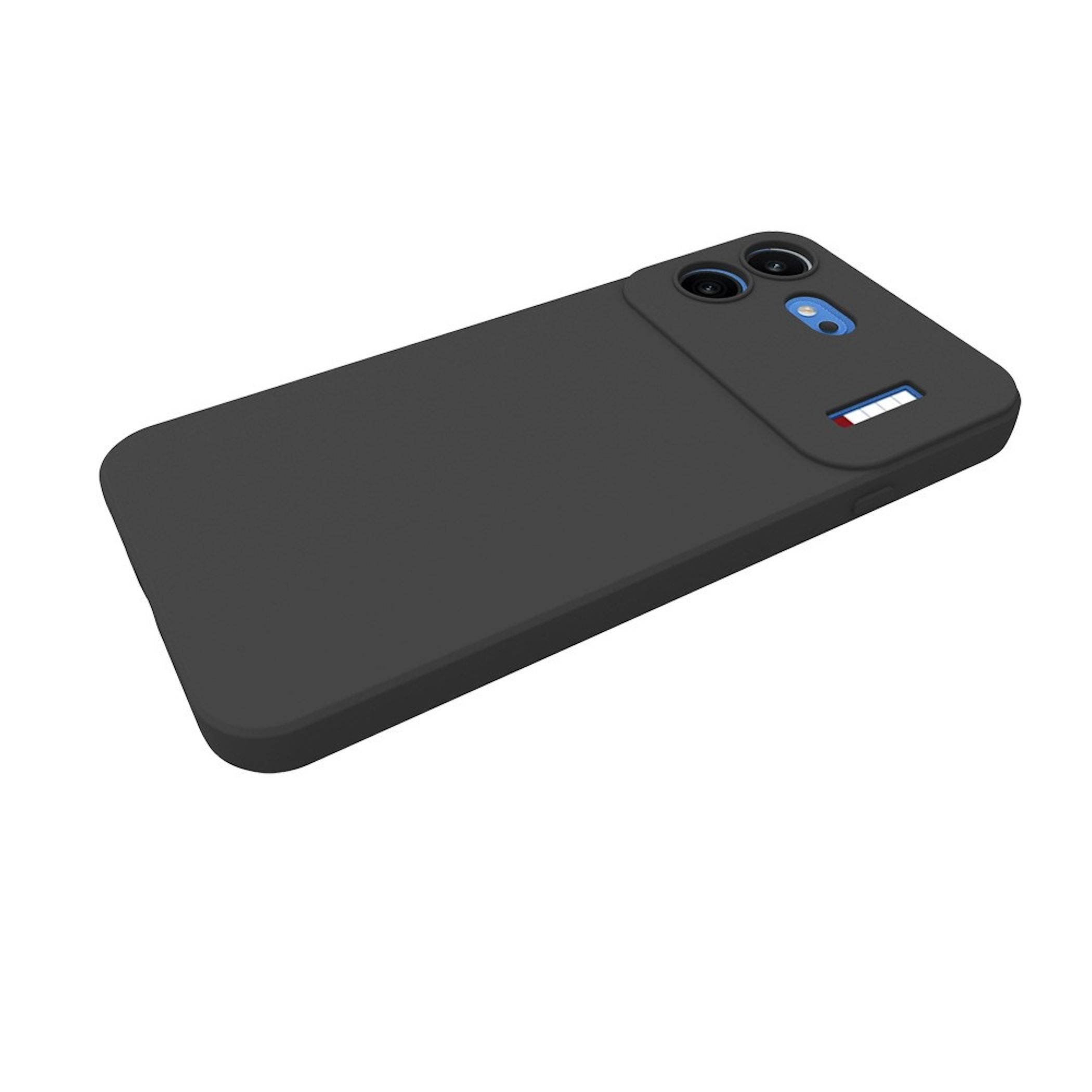 Eine matte schwarze Handyhülle mit zwei Kameras und Zubehör auf weißem Grund.