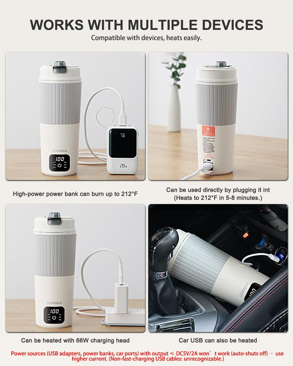 Ein weißer, elektrischer Reisebecher wird über Powerbanks, Ladegeräte oder Auto-USB mit Strom versorgt und erhitzt.