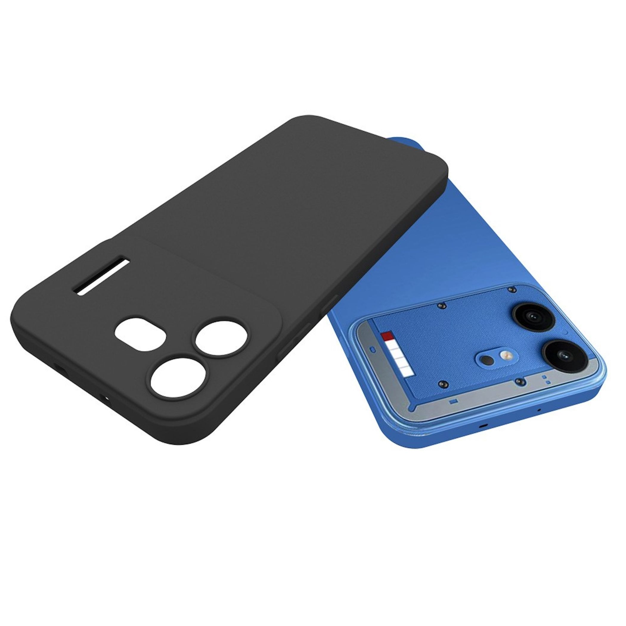 Ein blaues Smartphone mit zwei Kameras neben einer schwarzen Schutzhülle auf weißem Hintergrund.