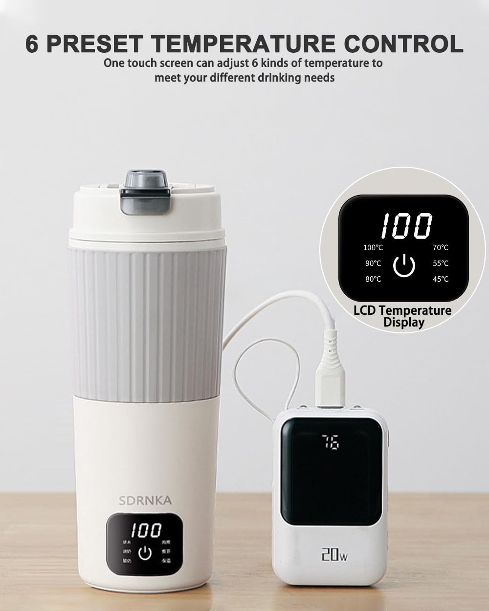 Weißer Thermobecher mit LCD-Temperaturanzeige und Ladekabel.