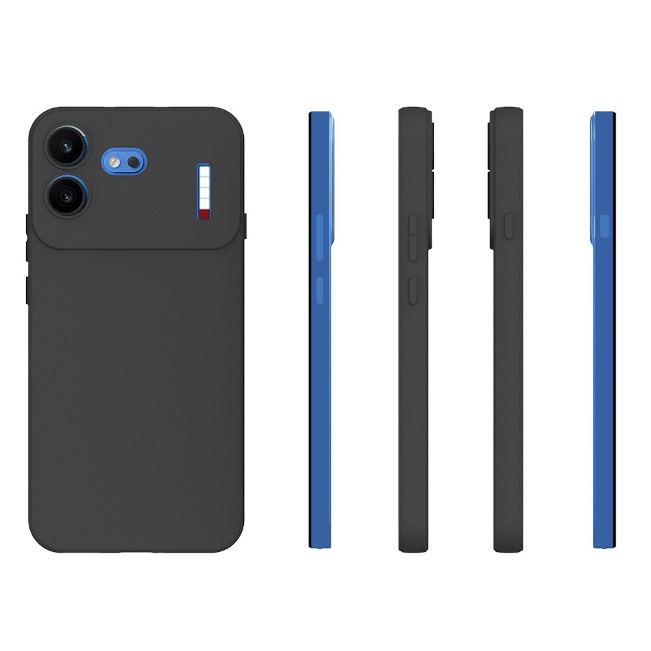 Dunkles Smartphone mit blauen Kamerarändern und vier Seitenansichten auf weißem Hintergrund.
