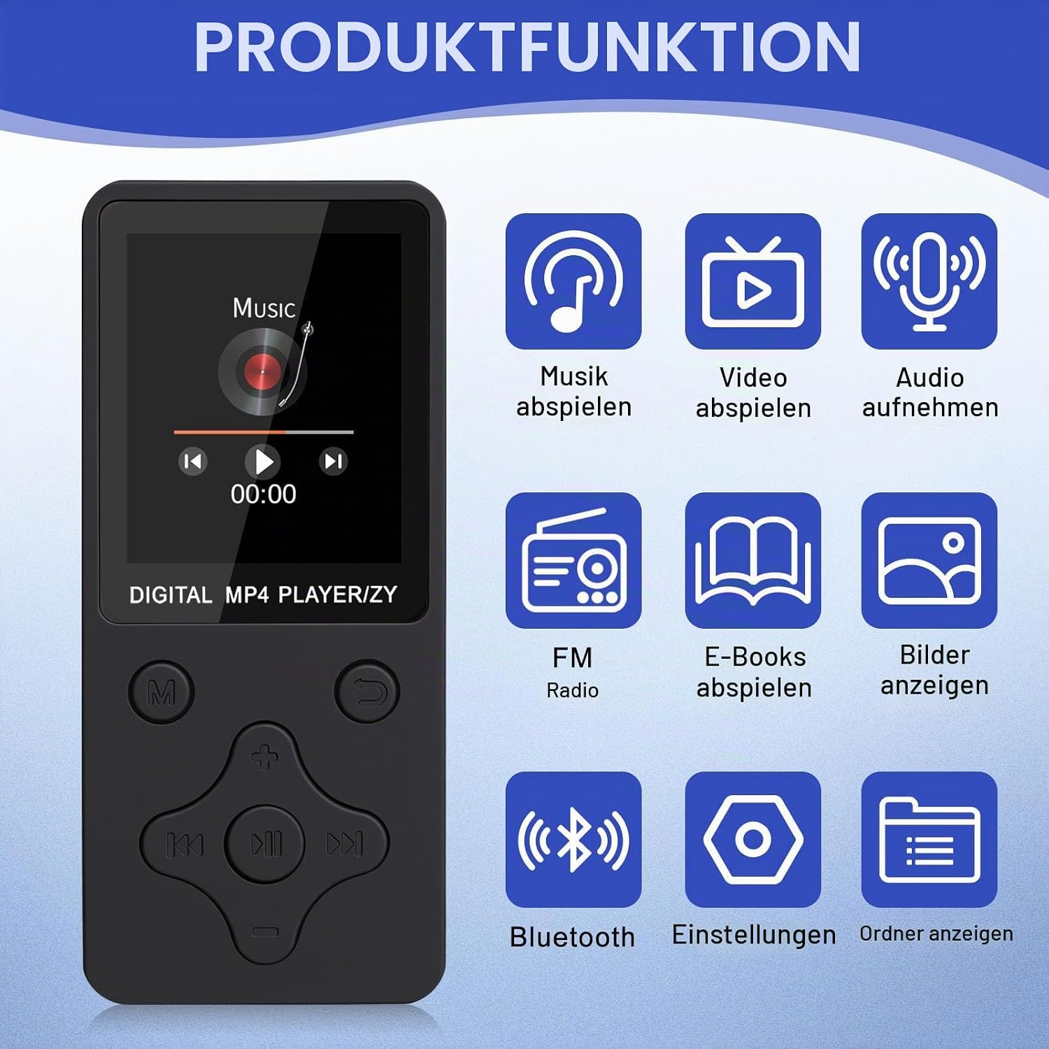 Ein schwarzer MP4-Player links und neun blaue Funktionssymbole rechts.