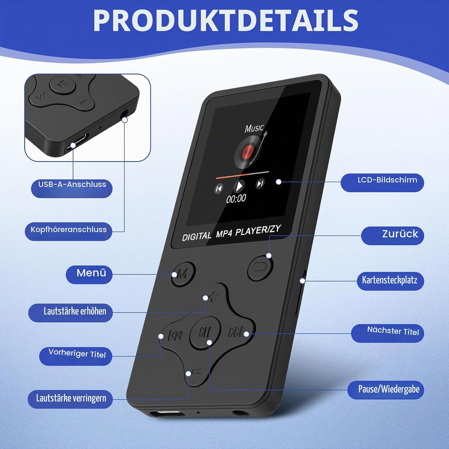 Ein schwarzer MP3-Player mit LCD-Bildschirm, Tasten und beschrifteten Anschlüssen auf blauem Hintergrund.