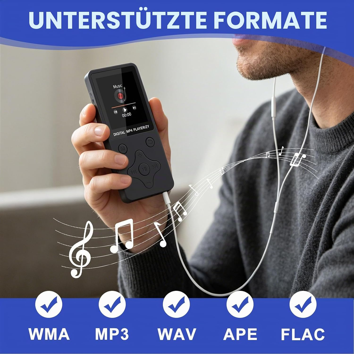 Ein Mann hält einen MP4-Player und hört Musik über Kopfhörer.