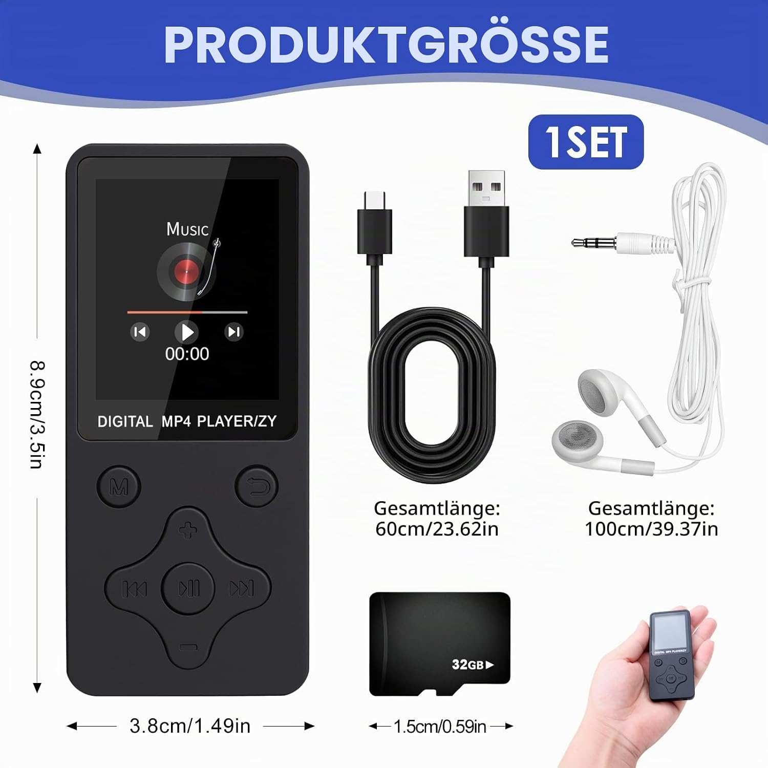 Produktbild eines schwarzen digitalen MP4-Players, USB-Kabels, Kopfhörern und einer 32GB-Speicherkarte mit Maßen.