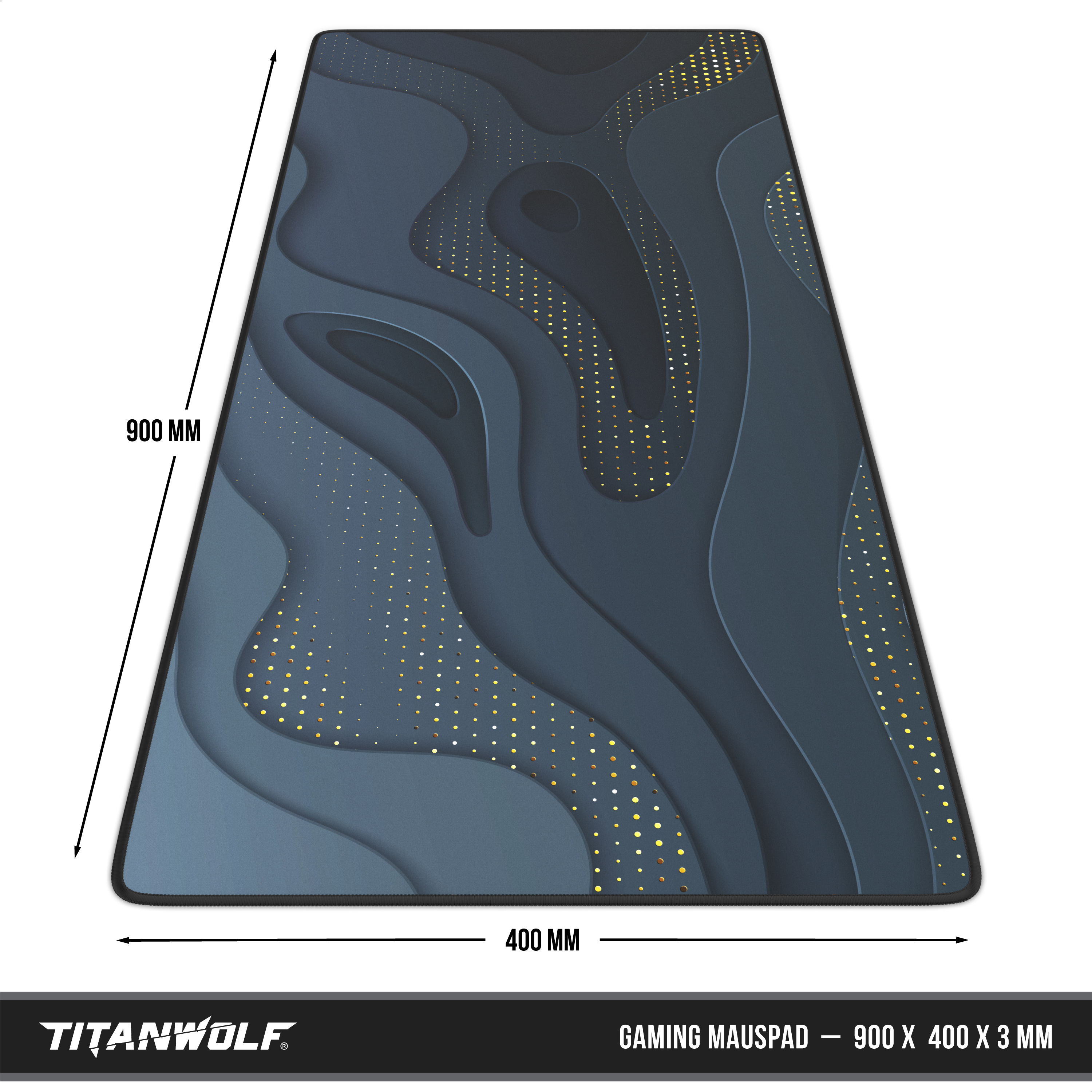 Dunkelblaues Titanwolf Gaming-Mauspad mit goldenen Punkten und Konturen, 900x400x3 mm.