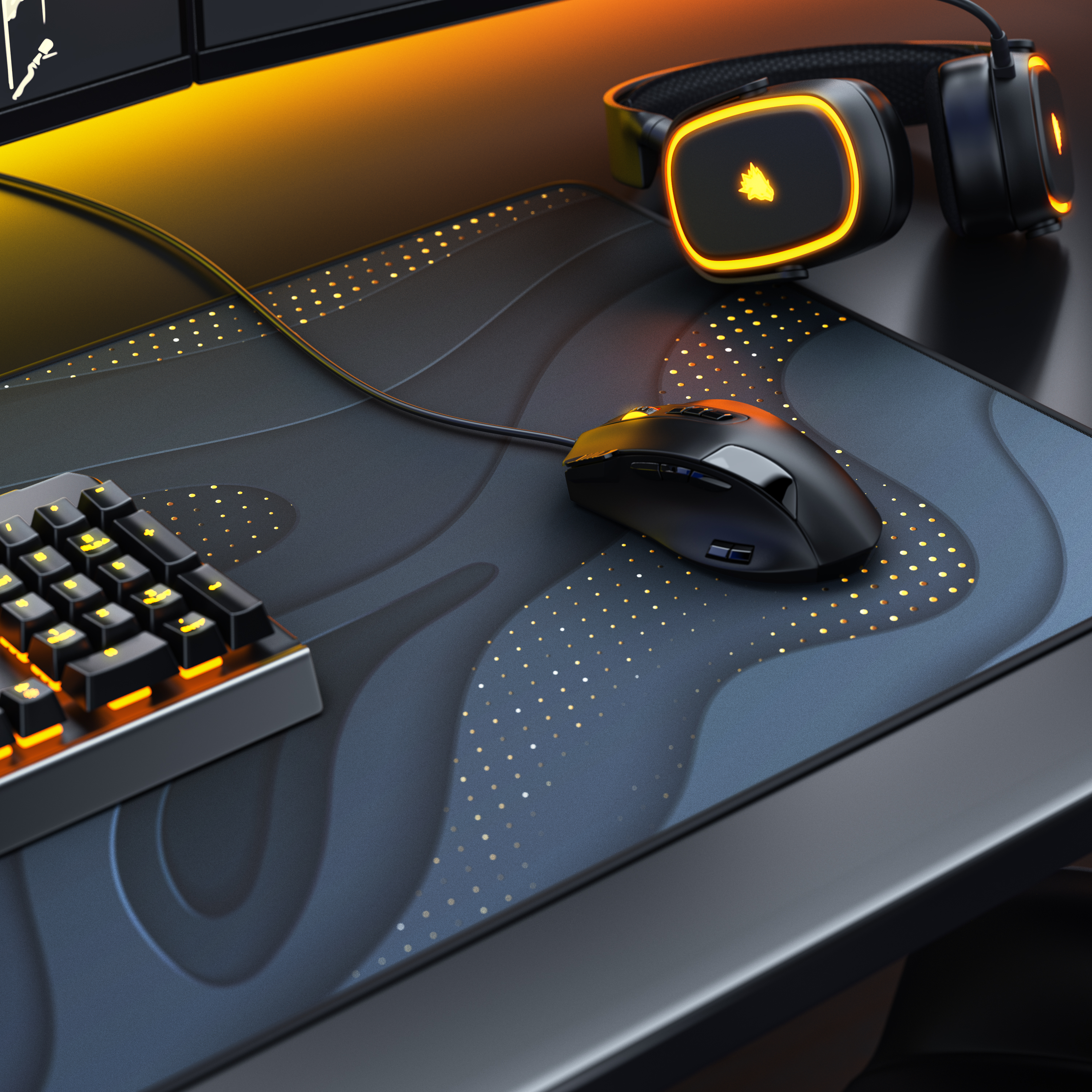 Gaming-Setup mit beleuchteter Tastatur, Maus auf gemustertem Pad und gelb leuchtenden Kopfhörern auf dunklem Tisch.