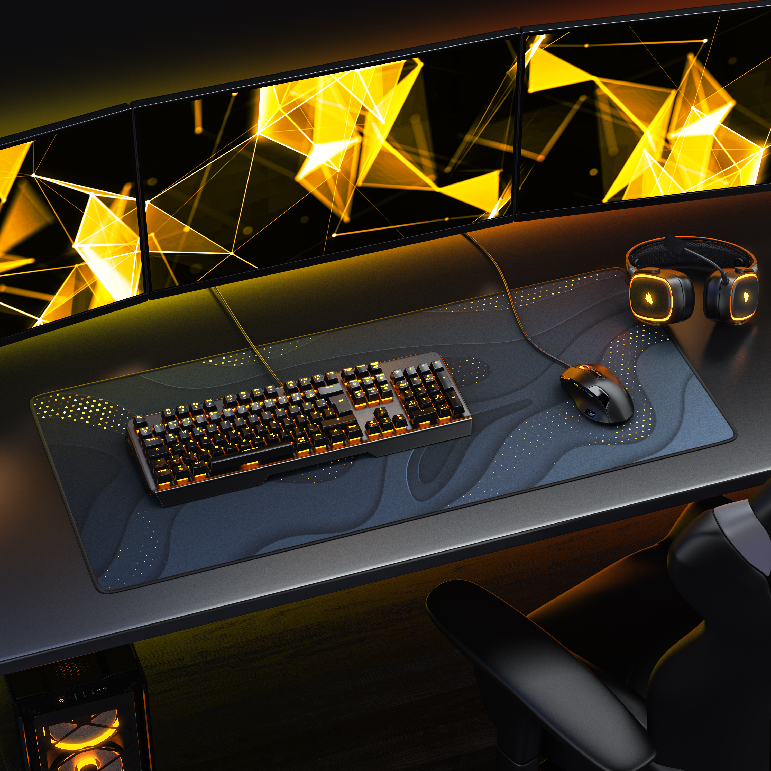 Ein Gaming-Schreibtisch mit mehreren Monitoren, die ein gelbes abstraktes Design zeigen, Tastatur, Maus und Kopfhörer.