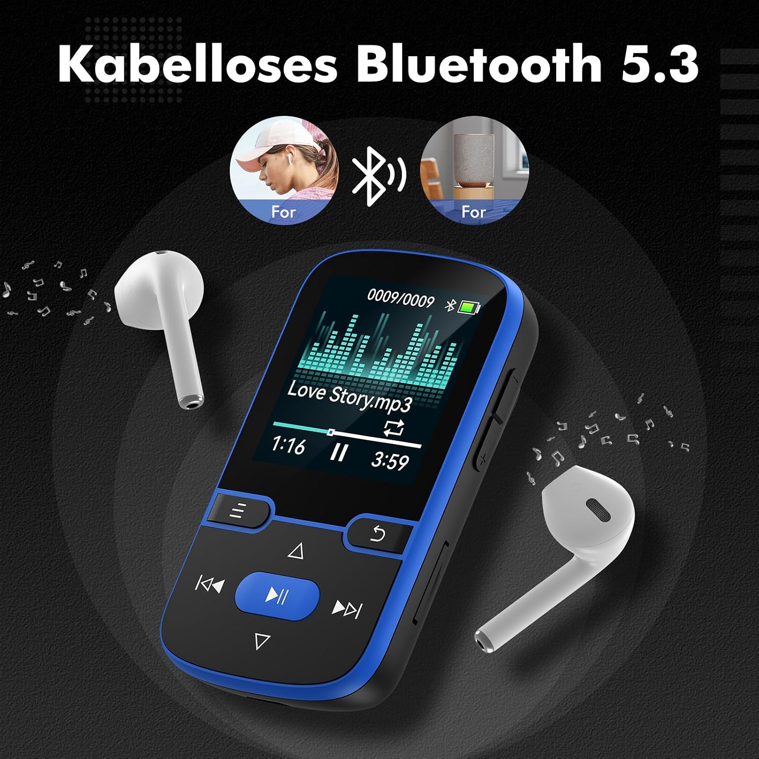 Ein blauer MP3-Player mit einem Lied auf dem Bildschirm, flankiert von weißen Ohrstöpseln vor schwarzem Hintergrund.