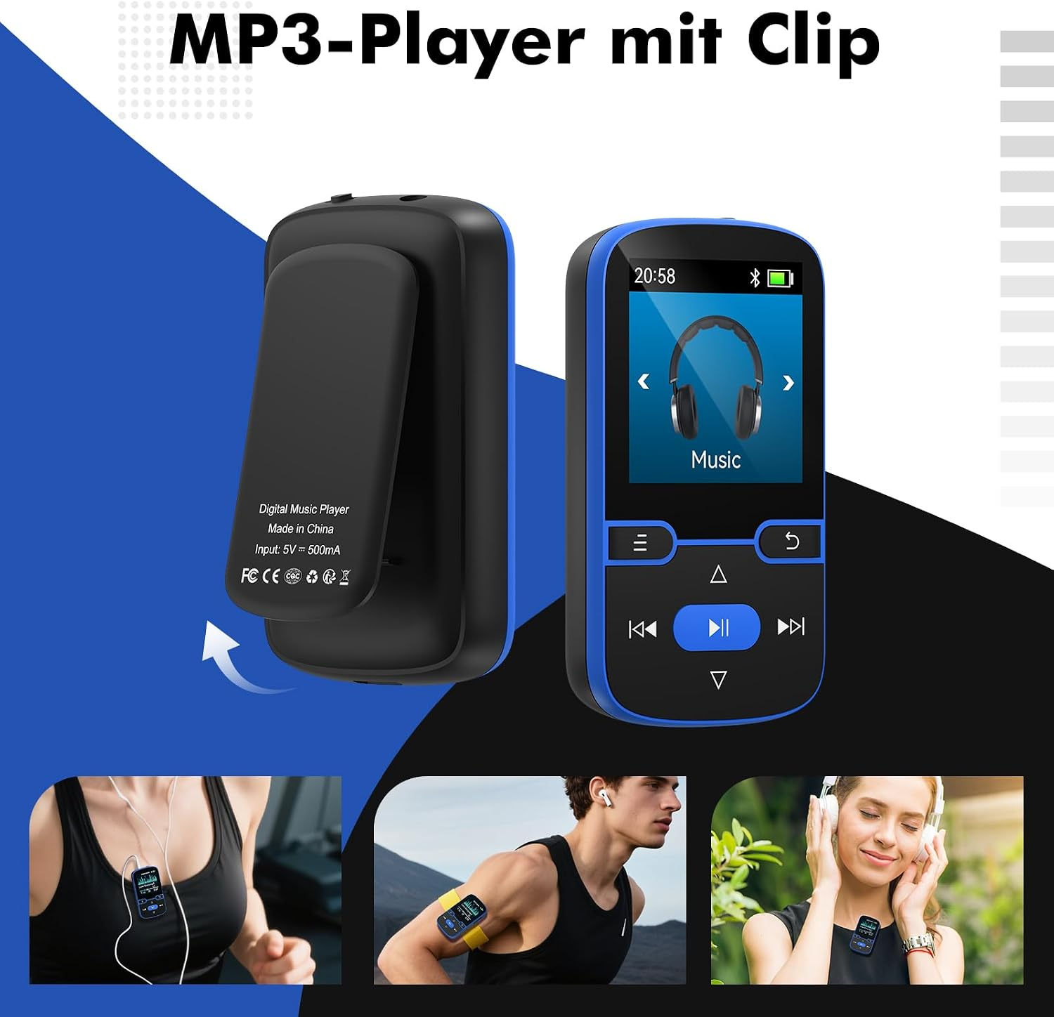 Blauer MP3-Player mit Clip, Display und Sport-Anwendungsbeispielen.