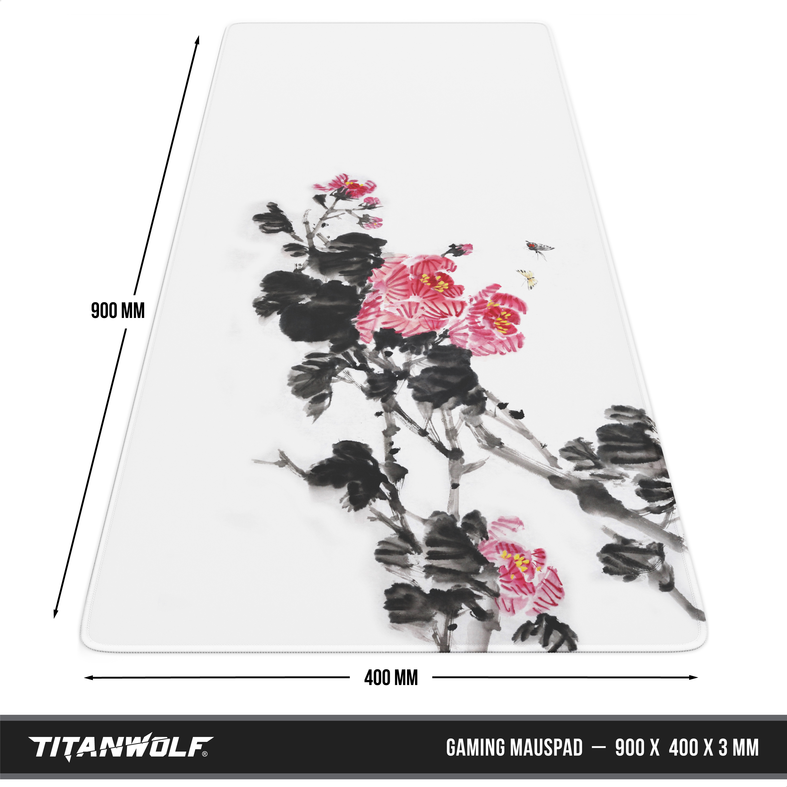 Ein weißes Gaming-Mauspad zeigt ein traditionelles chinesisches Tuschgemälde mit pinken Blumen und schwarzen Blättern.