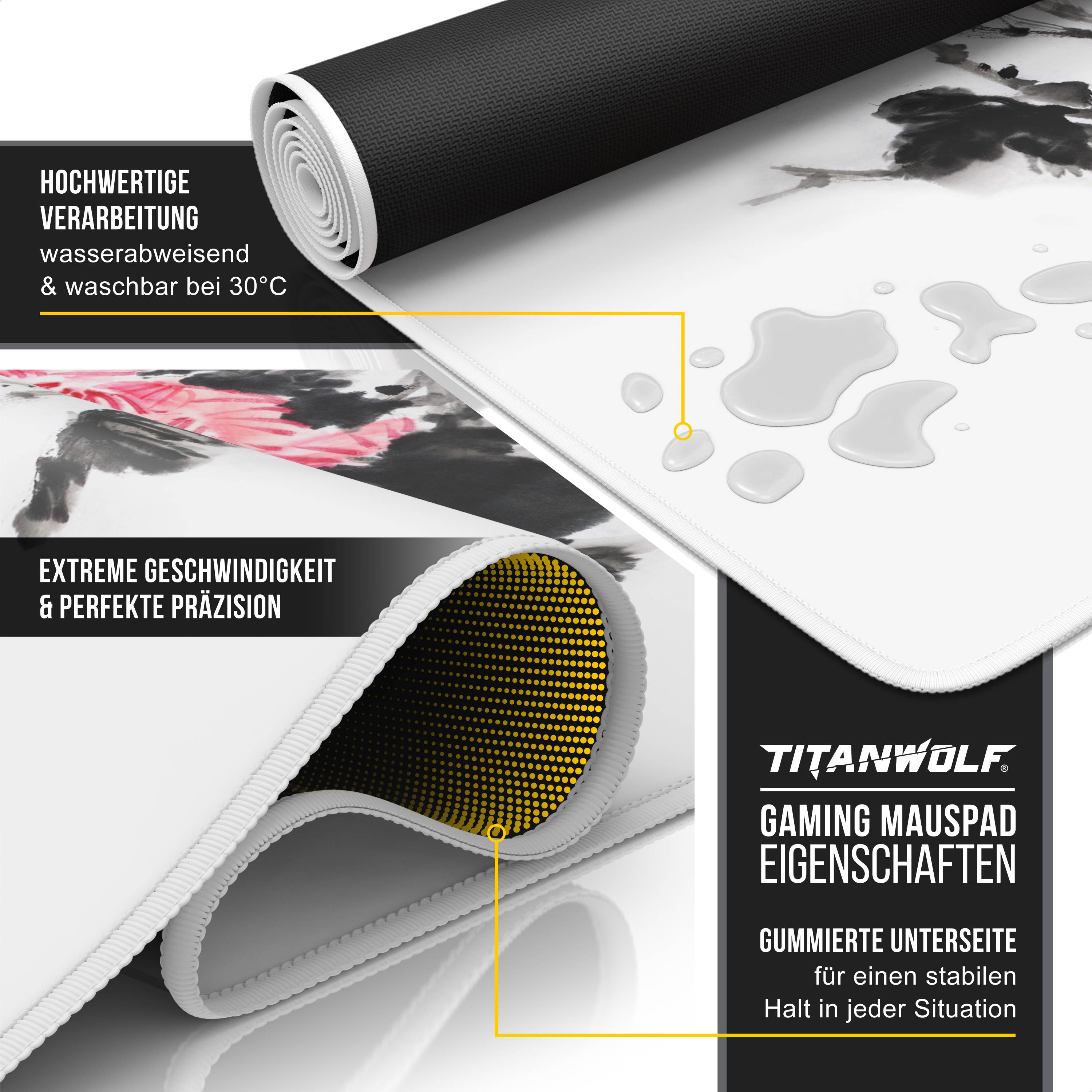 Titanwolf Gaming-Mauspad mit wasserabweisender Oberfläche und gummierter Unterseite für festen Halt.