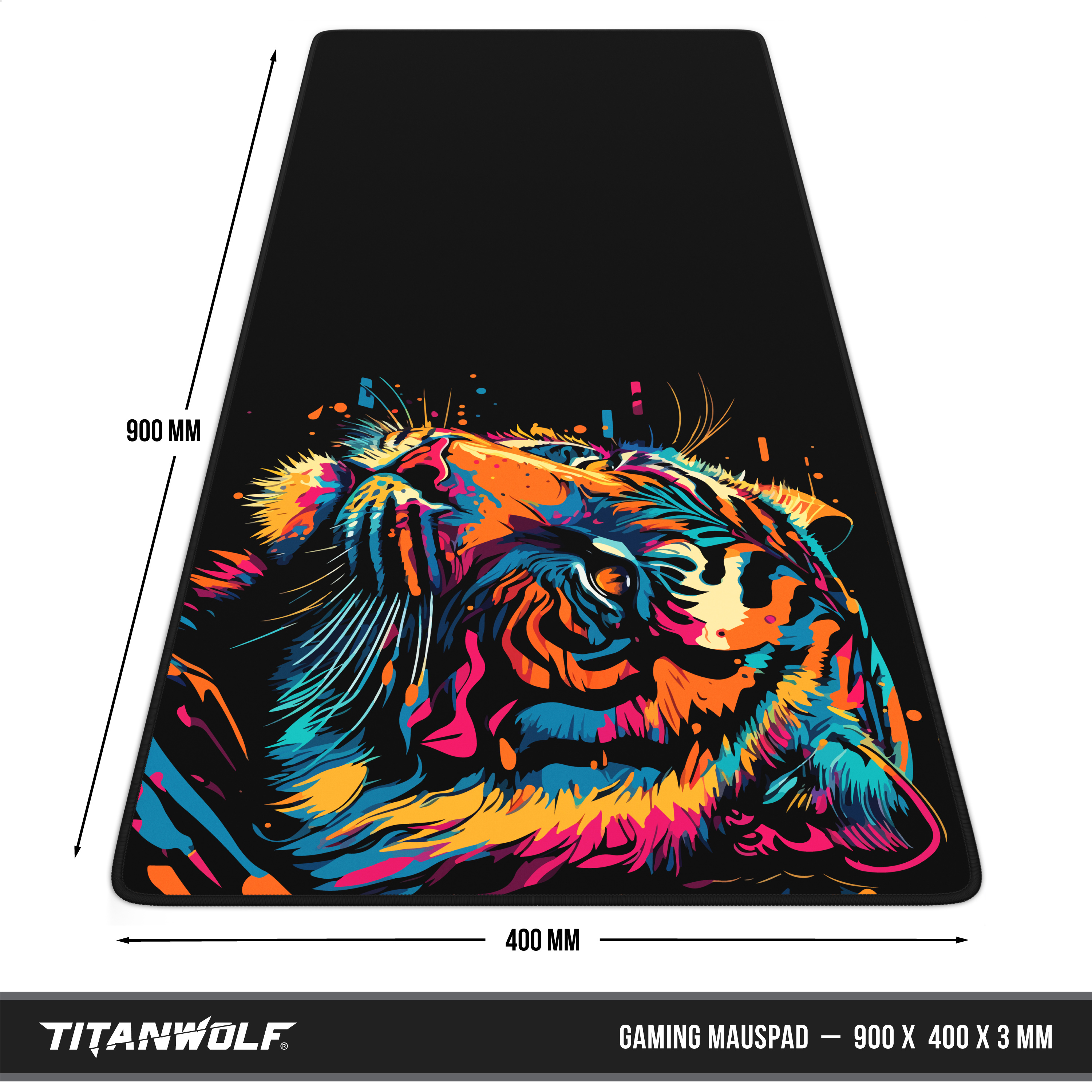 Ein schwarzes Titanwolf Gaming-Mauspad mit einem bunten Tiger-Grafikmotiv und Abmessungen von 900x400 mm.