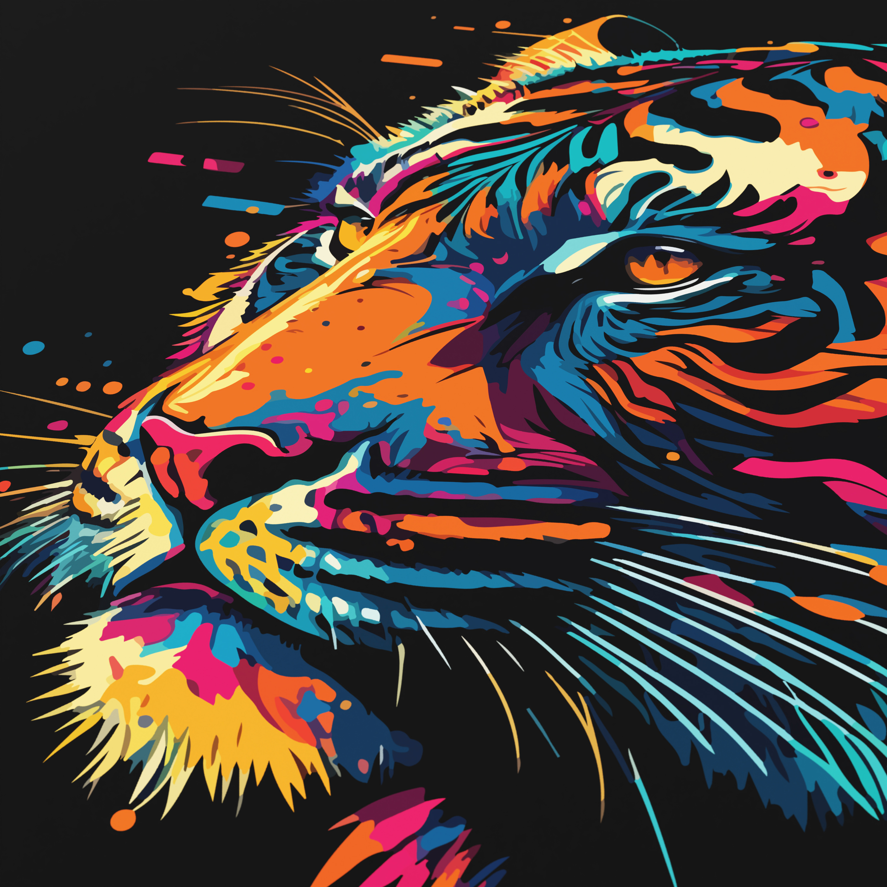 Buntes pop-art tigergesicht in nahaufnahme auf schwarzem grund.