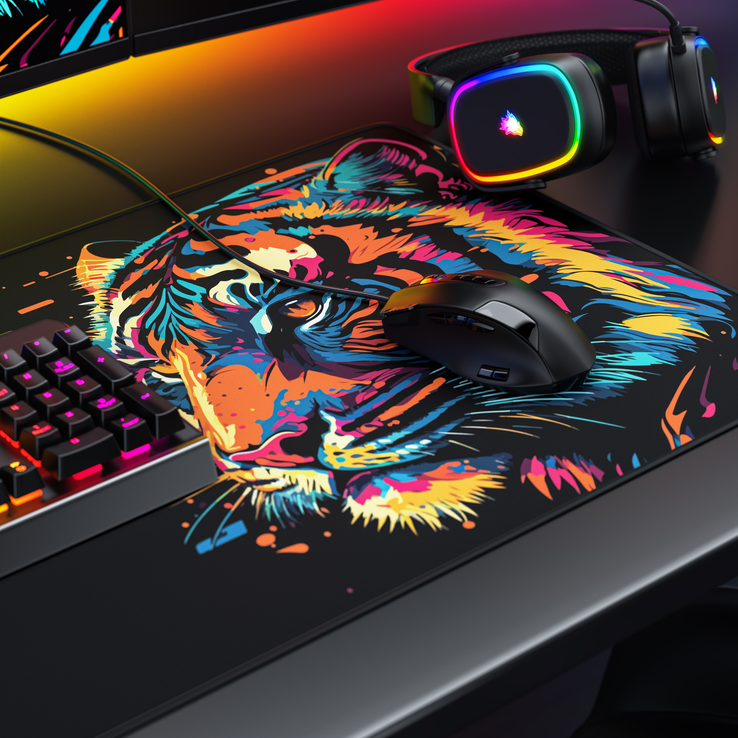 Gaming-Schreibtisch mit bunter Tiger-Mausmatte, schwarzer Maus, beleuchteter Tastatur und RGB-Kopfhörern.