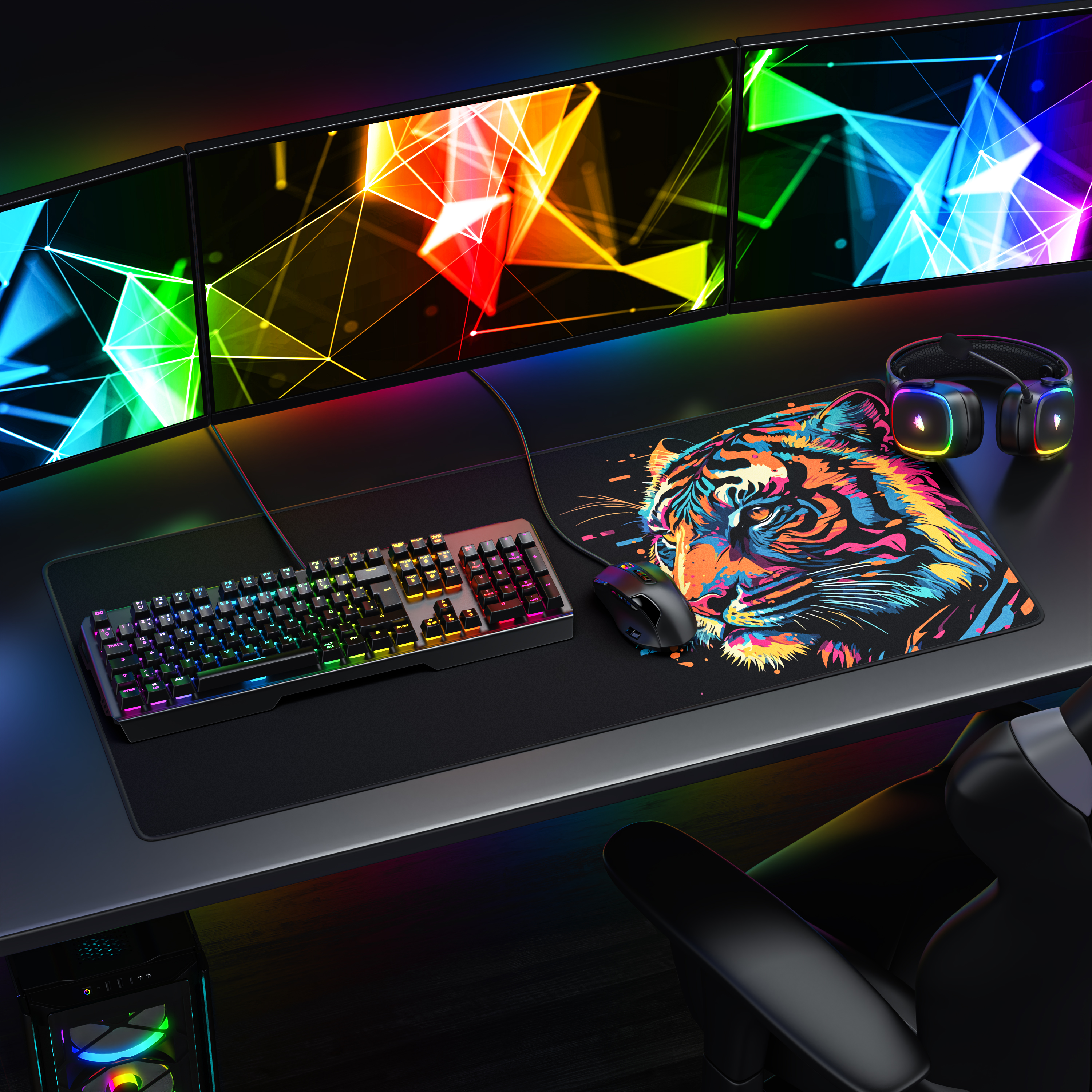 Gaming-Schreibtisch mit drei Monitoren, farbenfroher Tiger-Mauspad, Tastatur, Maus und Kopfhörern.