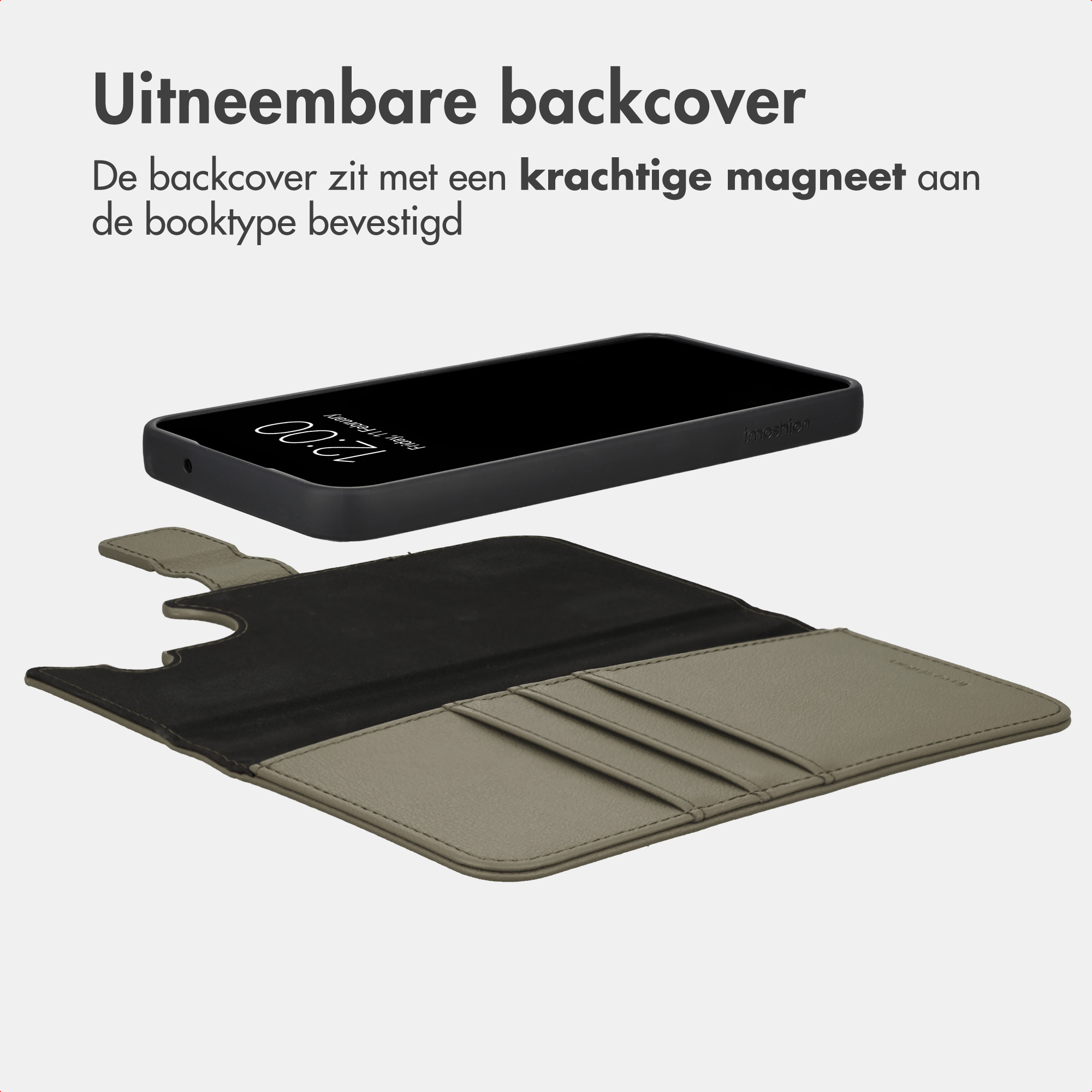 Ein schwarzes Smartphone-Cover schwebt über einer grauen Leder-Buchtasche auf hellgrauem Hintergrund.