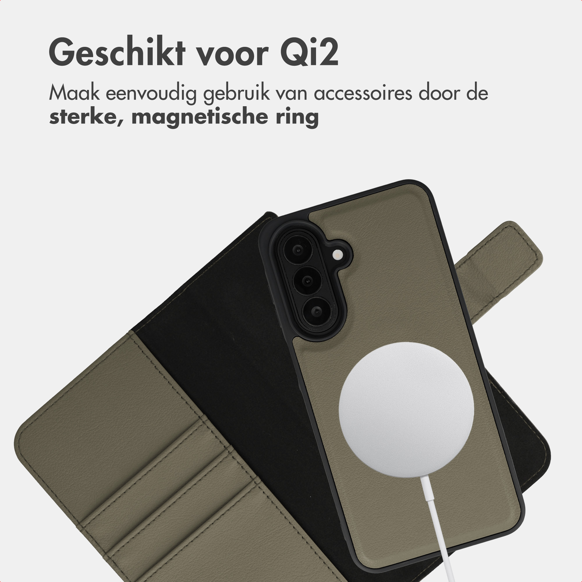 Olivegrüne Handyhülle mit integriertem Qi2-Magnetring und Ständer, inklusive niederländischem Text oben.