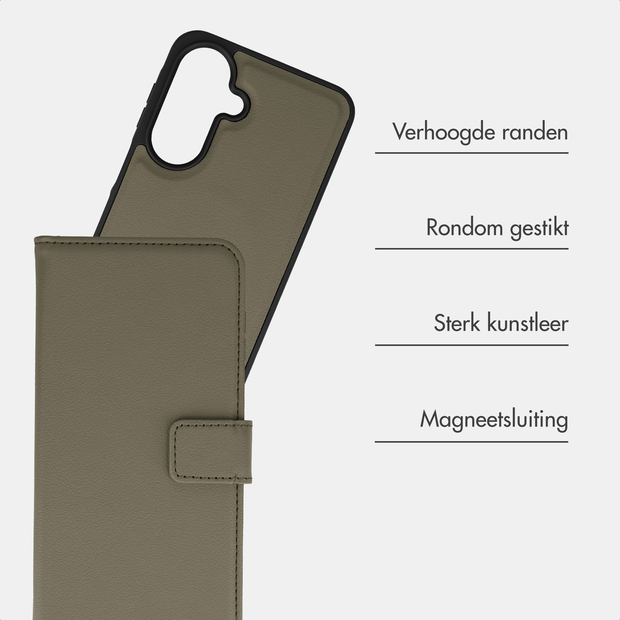 Olivgrüne Handytasche mit genähten Kanten, Magnetverschluss und schwarzem Innenhalter.
