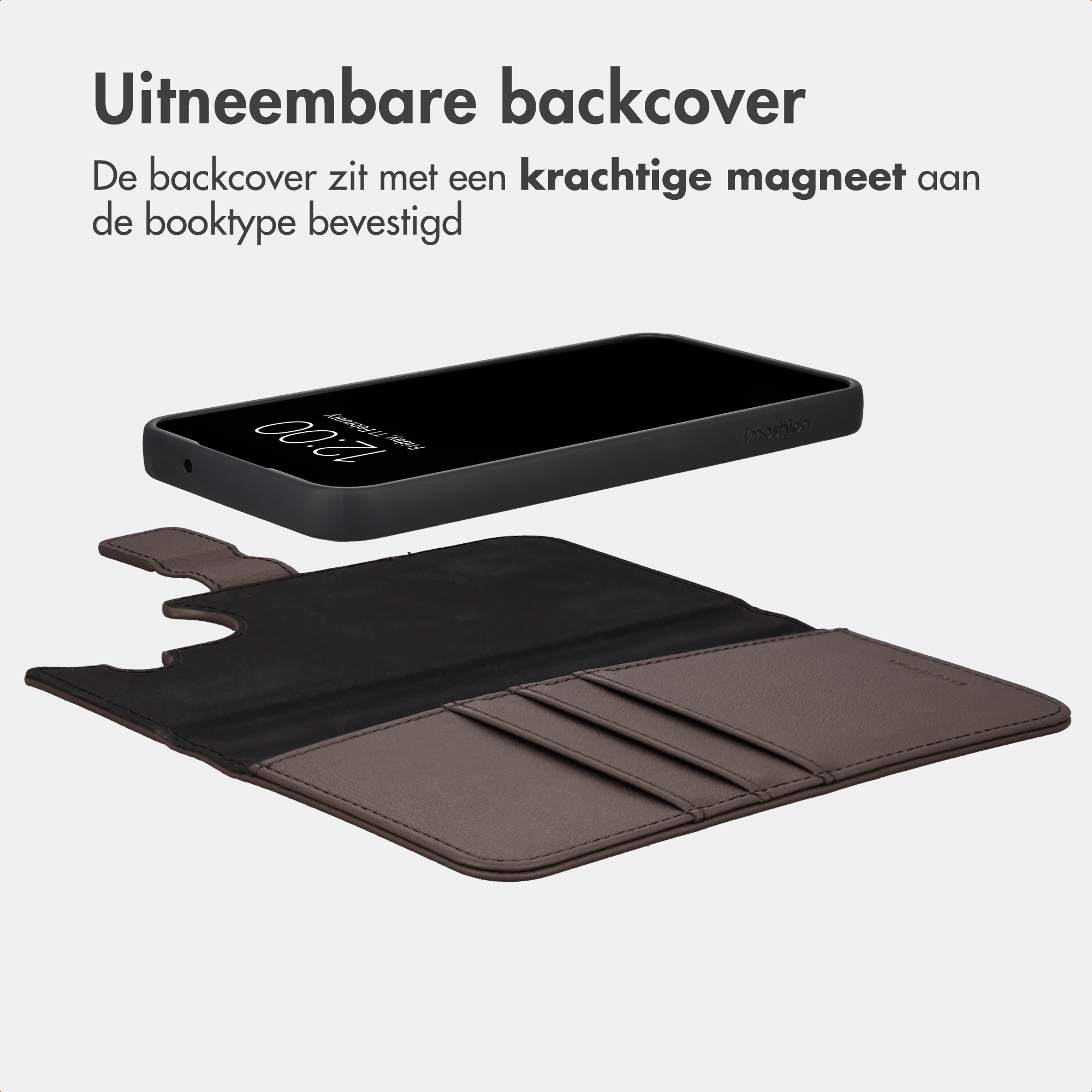 Ein Smartphone in einem abnehmbaren schwarzen Etui schwebt über einer offenen braunen Leder-Brieftasche.