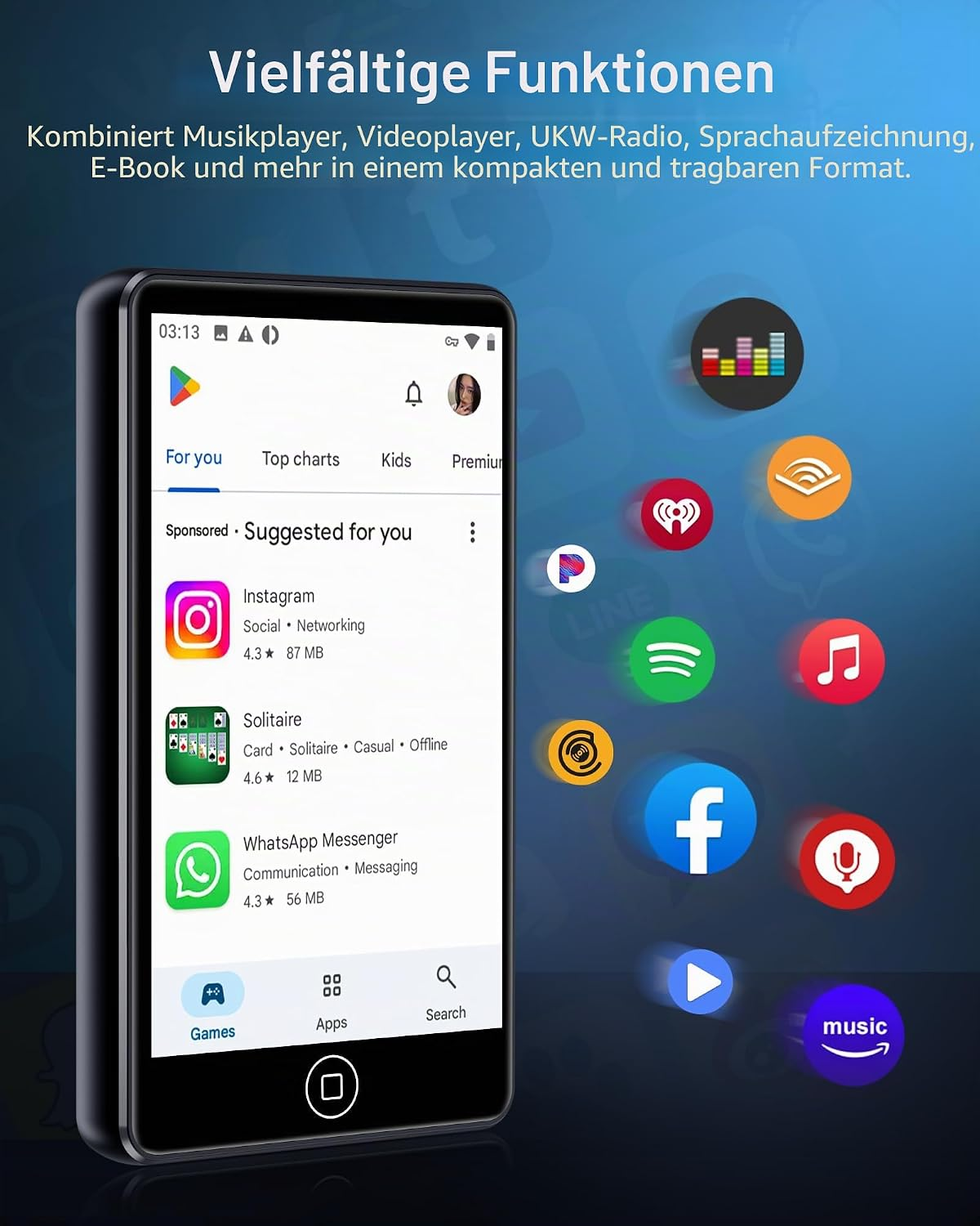 Ein tragbarer MP3-Player zeigt den App Store mit verschiedenen Apps, umgeben von schwebenden App-Symbolen.
