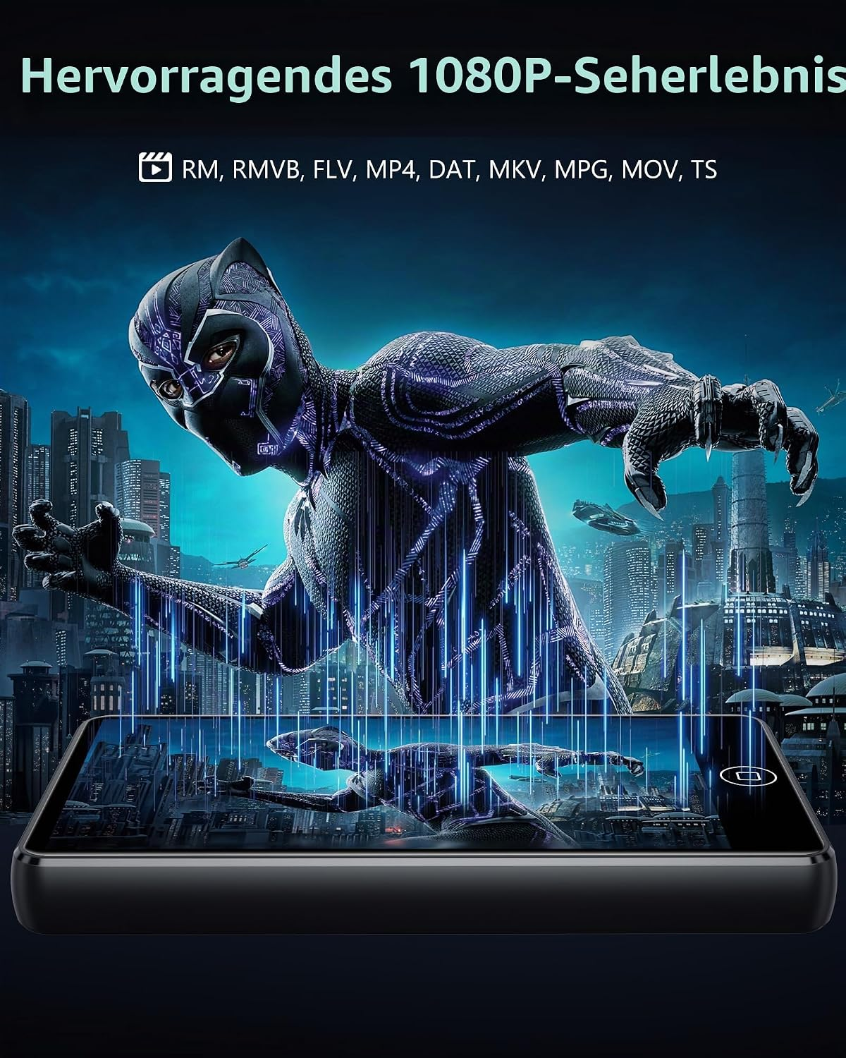 Ein Black-Panther-Superheld projiziert von einem Smartphone-Bildschirm vor einer futuristischen Stadt.