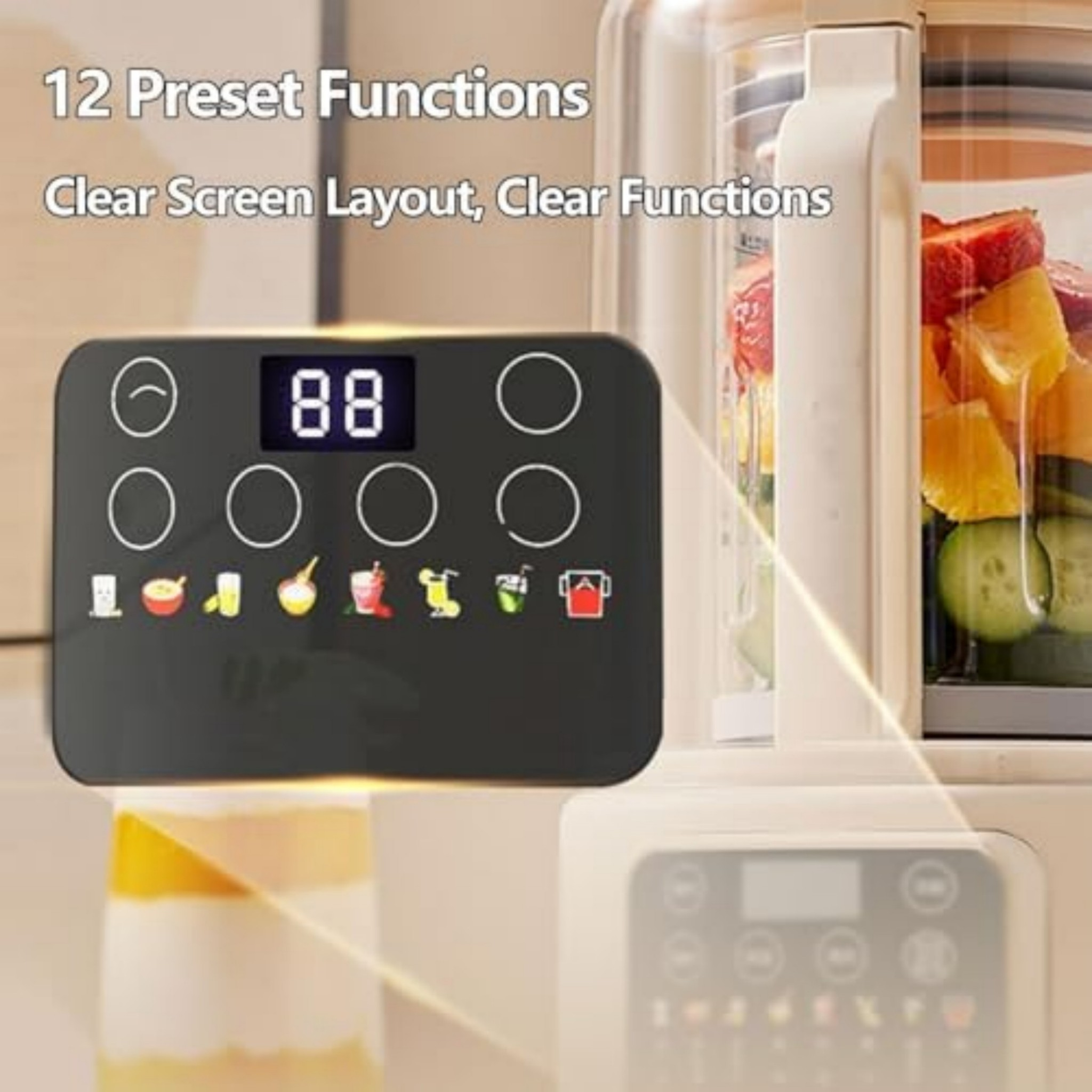 Ein Blender-Bedienfeld mit 12 Voreinstellungen, digitalem Display und Touch-Tasten neben einem gefüllten Blender.