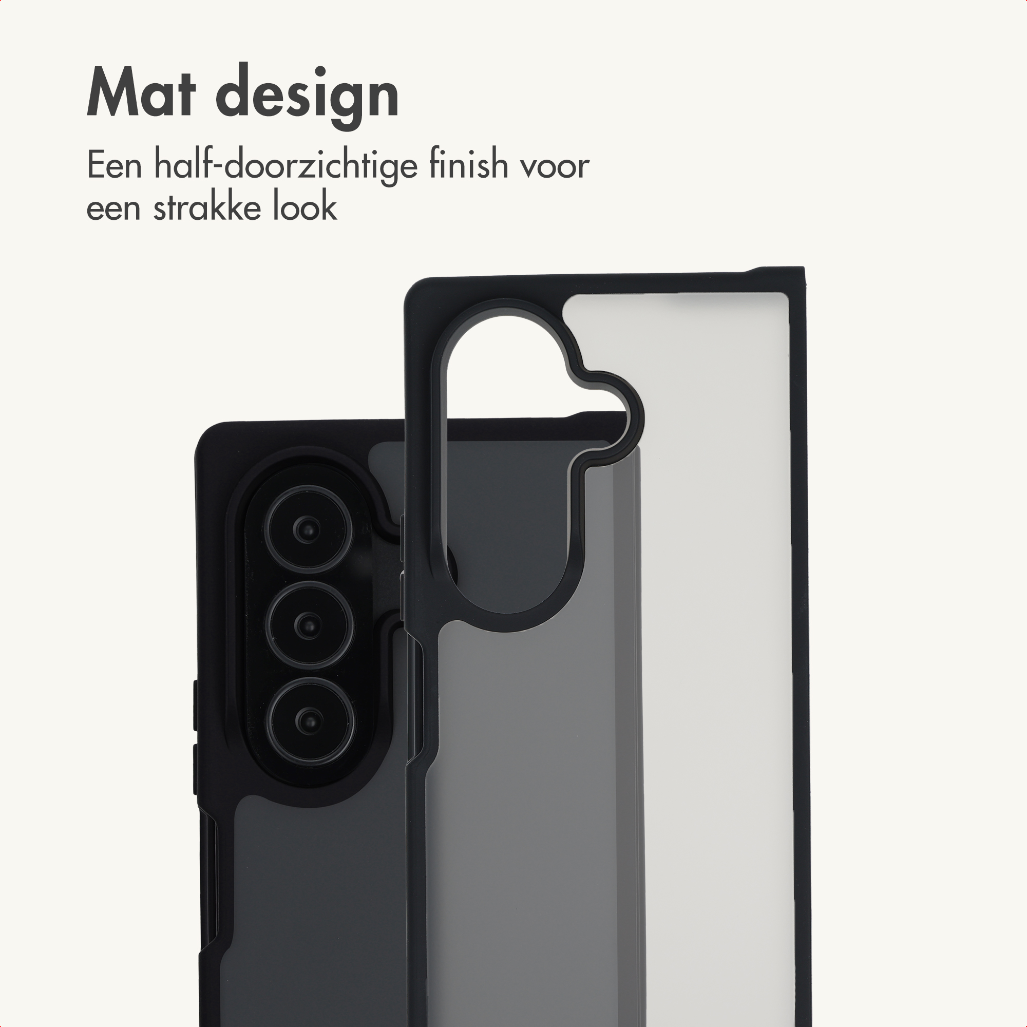 Ein mattes, halbtransparentes Smartphone-Case mit schwarzem Rahmen auf hellem Hintergrund.